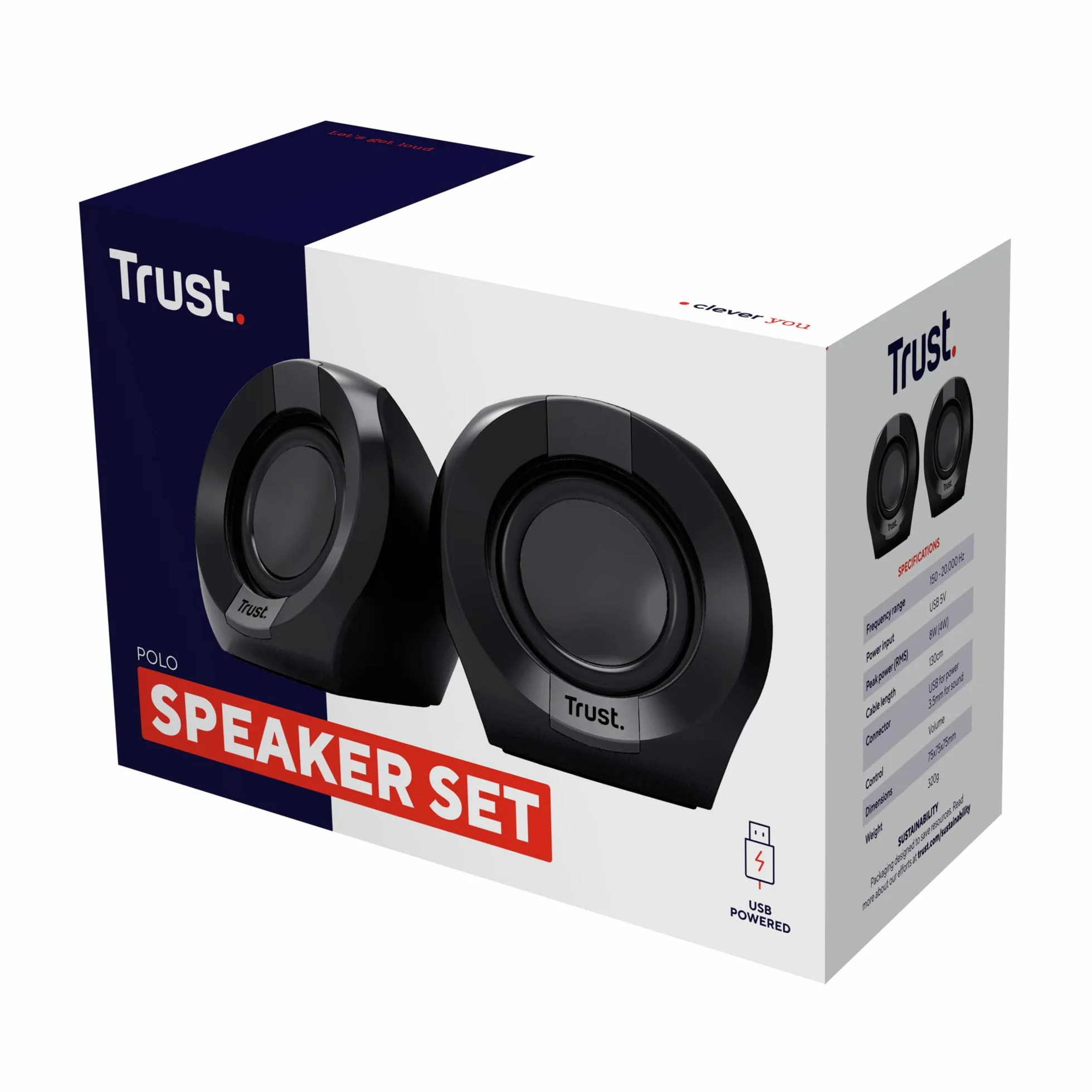 Trust Polo mały głośnik PC 2.0, 8 W (4 W RMS), kompaktowy zestaw głośników, zasilanie USB, zintegrowane sterowanie, AUX 3,5 mm, PC Box, komputer laptop – czarny