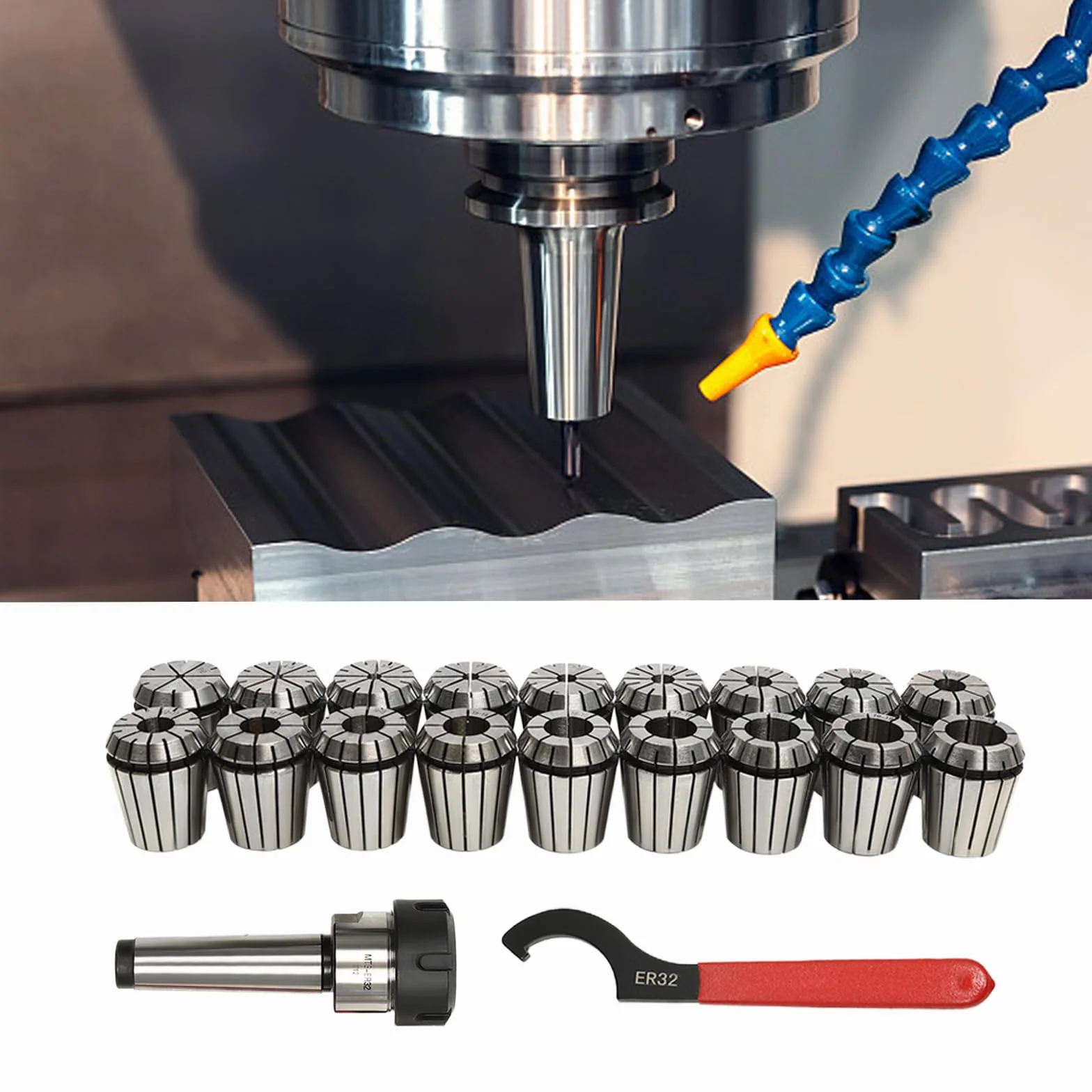 Zestaw 18 tulejek zaciskowych ER32 MT3, stal sprężynowa do narzędzi CNC, do mocowania wierteł, frezów, nacinaków, rozwiertaków, grawerowania i frezowania