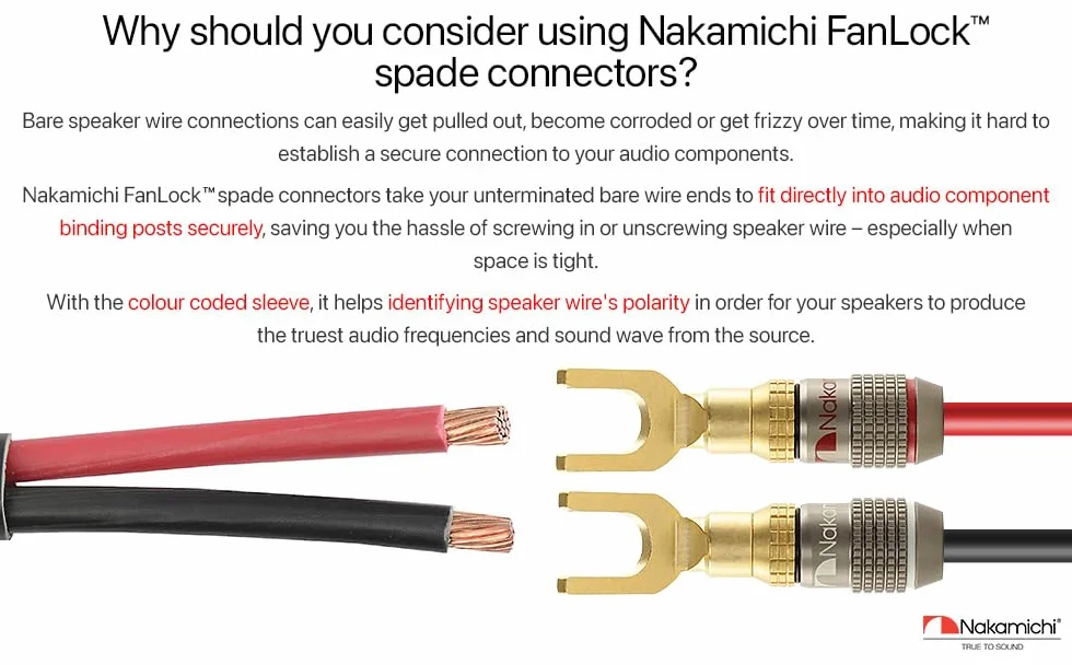 Nakamichi FanLock Wtyk Złącza widełkowe platerowany 24-karatowym złotem 10 AWG - 18 AWG Rozmiar miernika 4mm dla głośników Wzmacniacz Hi-Fi Kino domowe Kabel audio Szybkozłącze, 8 Sztuki (4-Pary)