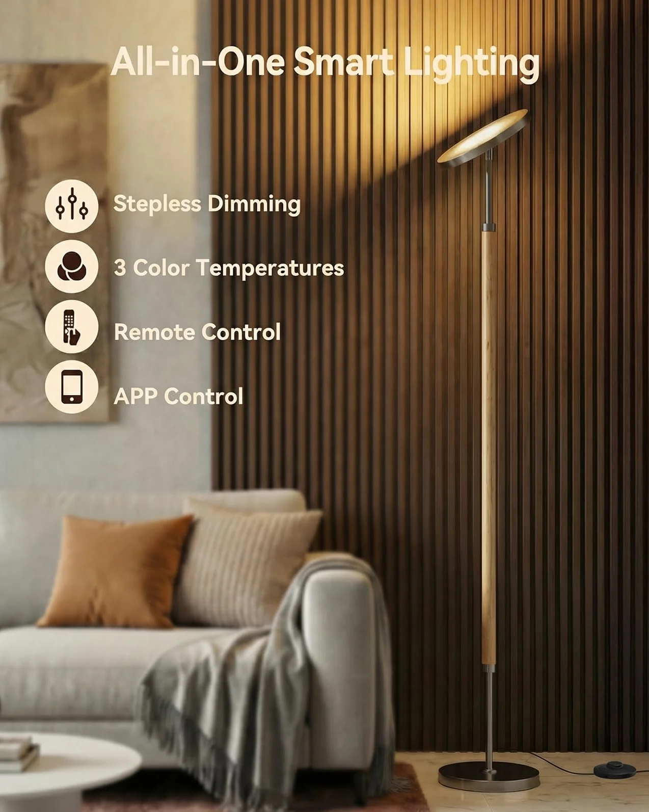 JOOFO Drewniana lampa podłogowa Torchiere, super jasna, bezstopniowa ściemniana, lampa stojąca LED, z pilotem zdalnego sterowania, regulowana temperatura barwowa 3000-6500 K, z timerem, do salonu
