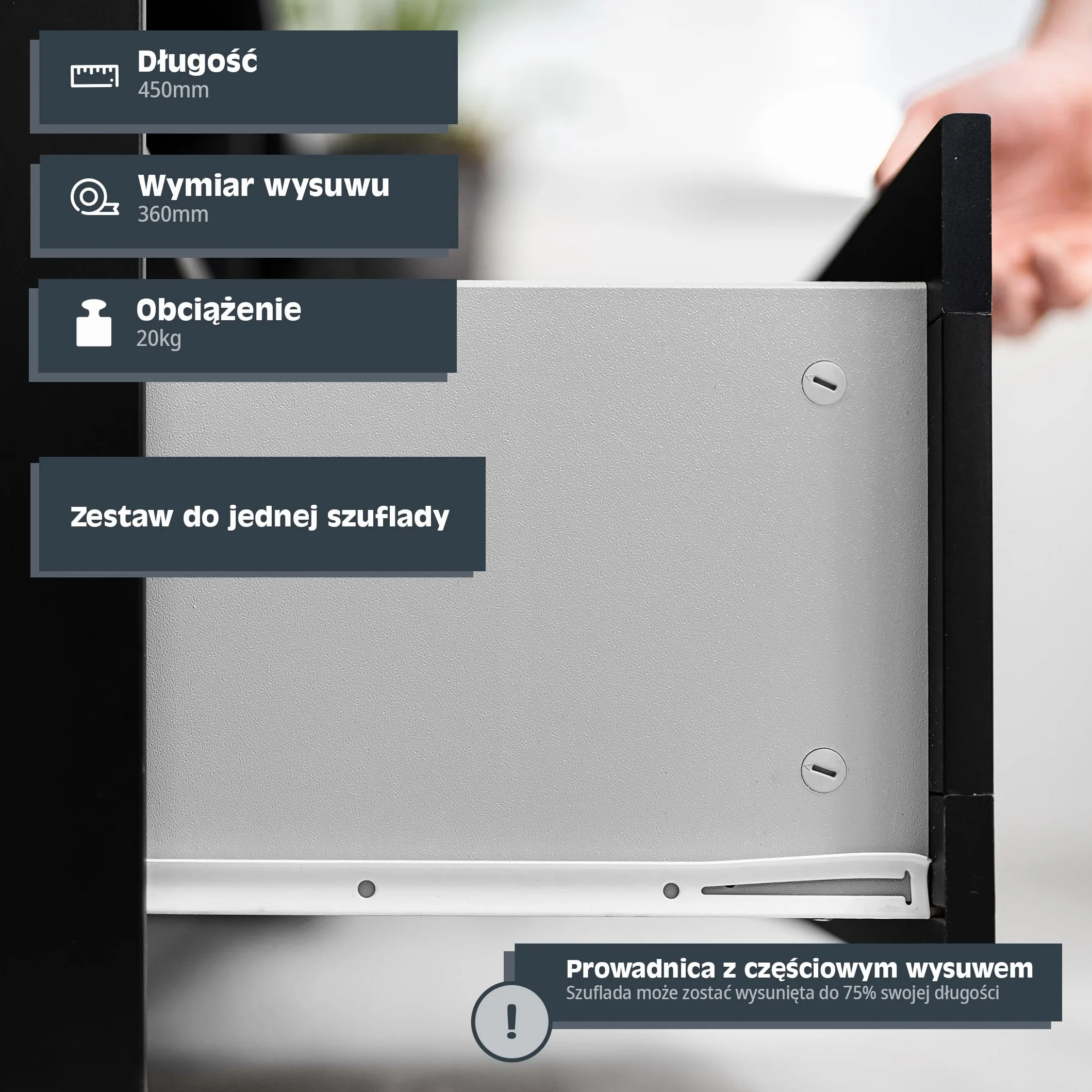 HELPMATE – Prowadnica przesuwna 450 mm – 1 para – biała | Prowadnica szuflady przystosowana do częściowego wysuwu – wraz z elementami mocującymi