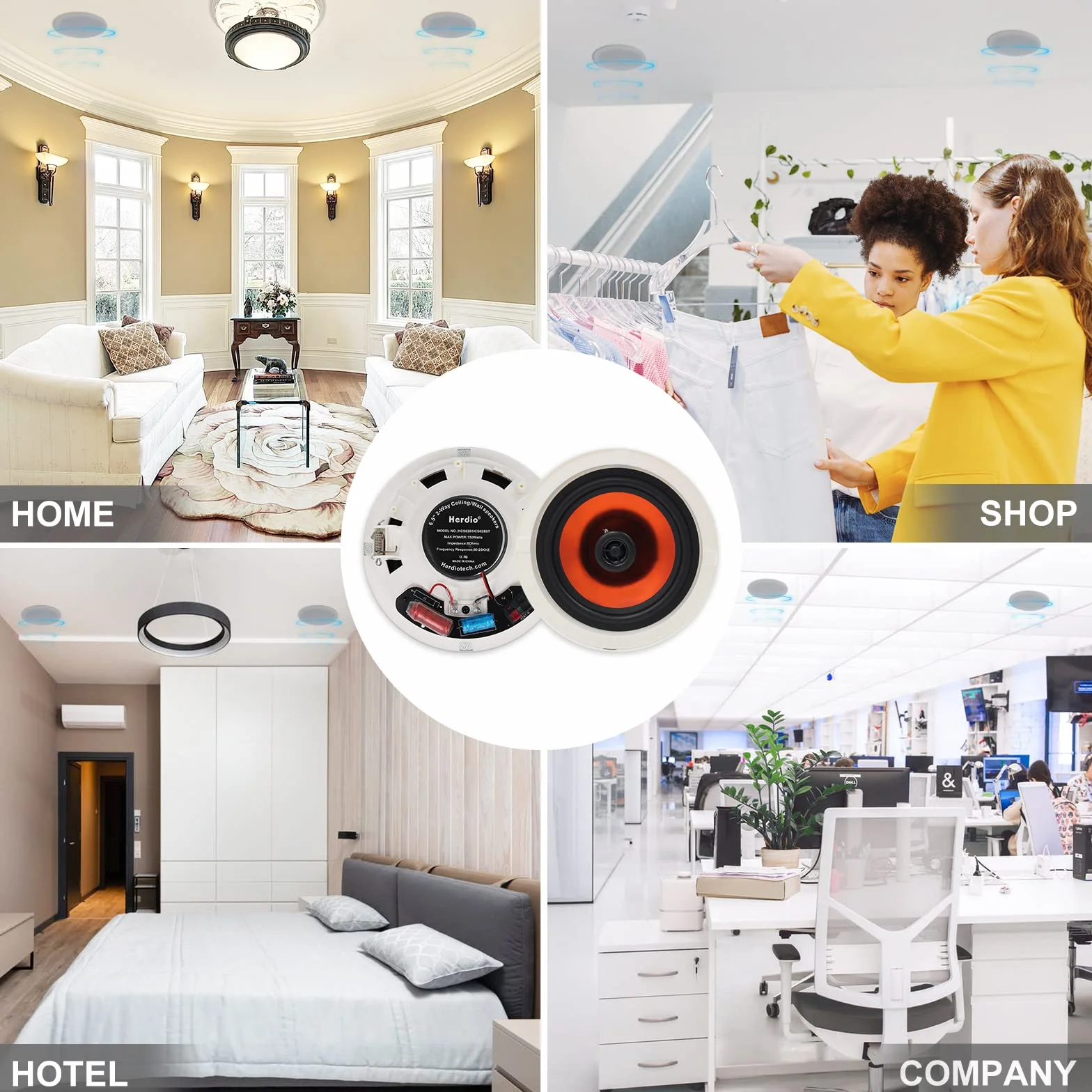 Herdio Głośniki sufitowe Bluetooth 150 W 150 W do biura, kuchni, salonu, łazienki, średnica wycięcia 18 cm (1 para)