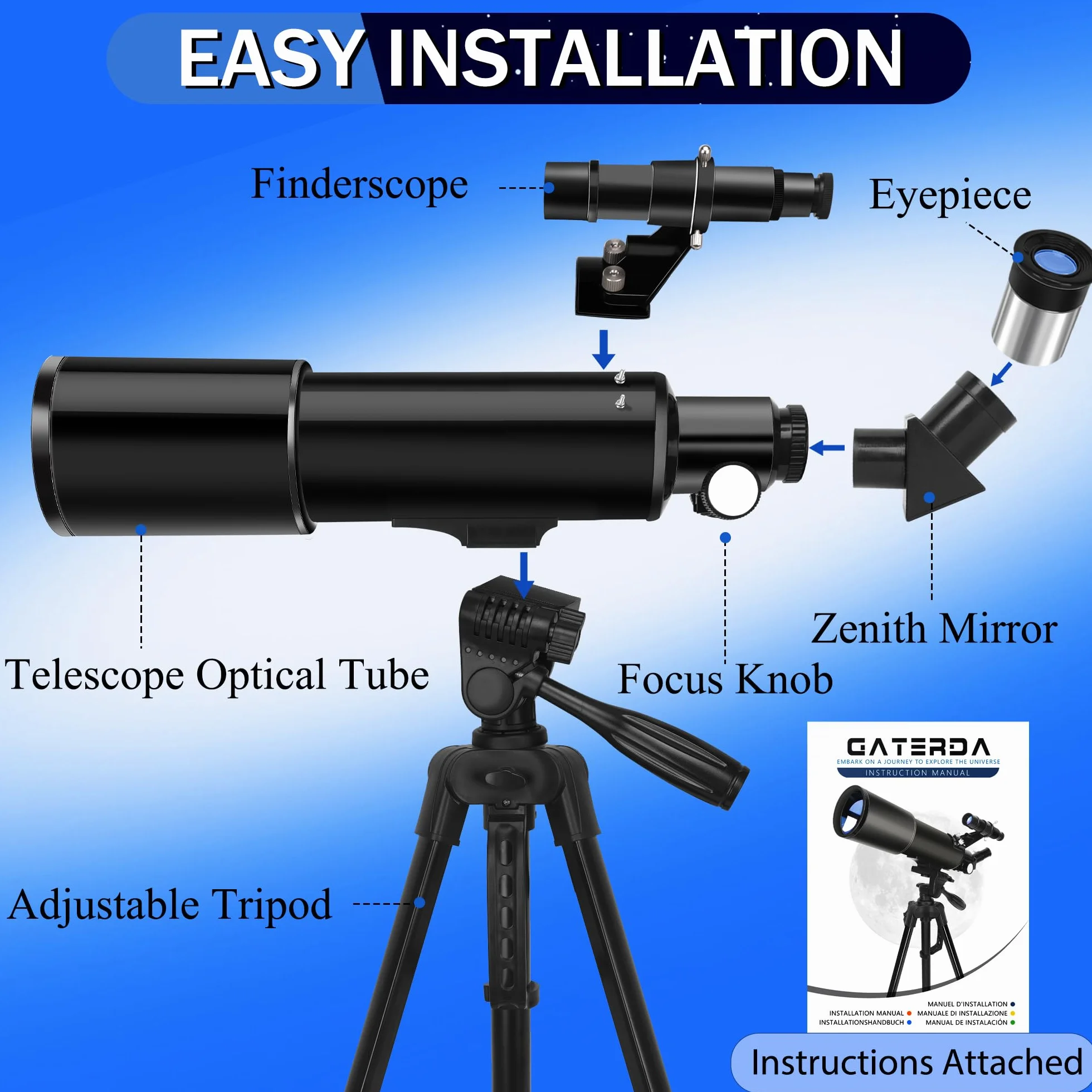 Teleskop dla dzieci Pro 70 mm 500 mm FMC refraktor astronomiczny z regulowanym statywem i uchwytem AZ