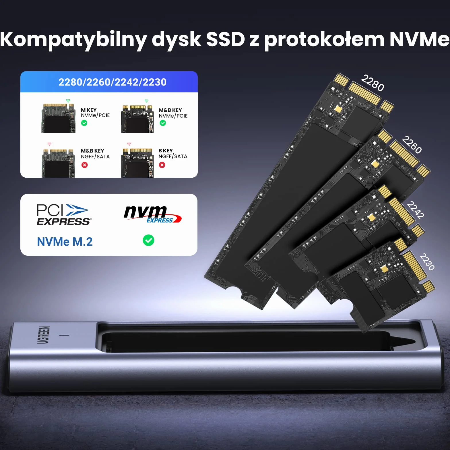 UGREEN obudowa NVMe USB 3.2 Gen 2 10 Gb/s aluminiowa obudowa NVMe SSD M.2 z podkładką chłodzącą do klucza NVMe PCIe SSD M/klucz M&B w 2280/2242/2230/2260 Kompatybilny z 980/990 PRO/P3 Plus itp.