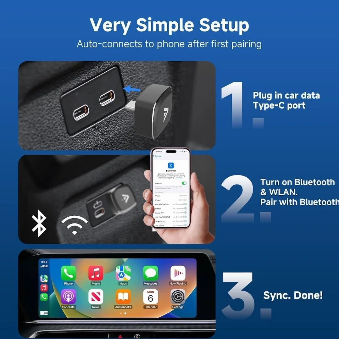 Bezprzewodowy adapter CarPlay i Android Auto 2 w 1, mini klucz USB C do samochodów z fabrycznym okablowaniem (2016+), bezprzewodowy adapter samochodowy Plug & Play z obudową ze stopu aluminium, konwer