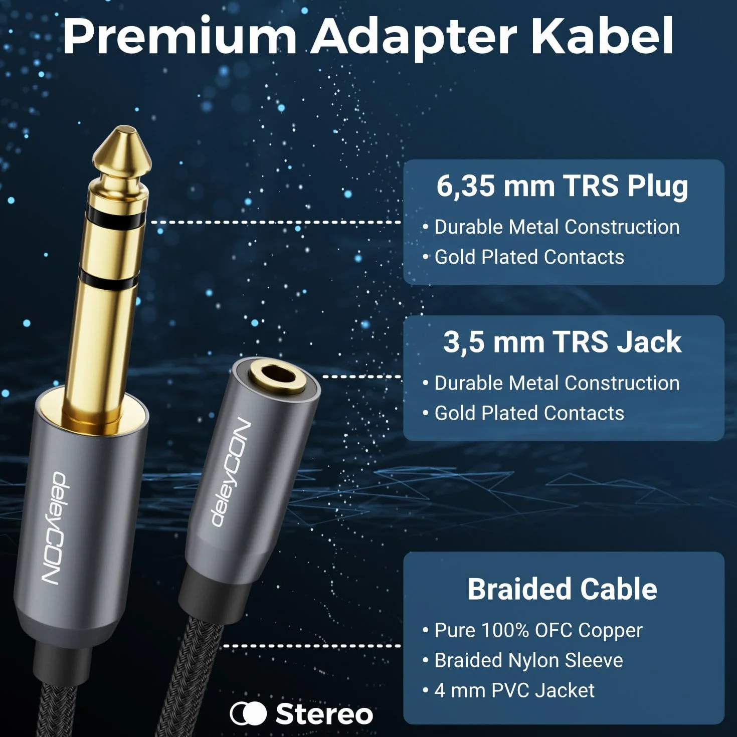 deleyCON 6,3mm na 3,5mm Klinke STEREO AUX Kabel Adapter Audio TRS 20cm