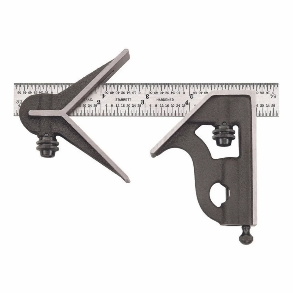 Starrett Kątownik łączony ze stali z głowicą czworokątną i głowicą środkową, długość ostrza 15,2 cm, głowice żeliwne, stal hartowana, odwracalny sworzeń zamka, podziałka 4R – 11HC-6-4R