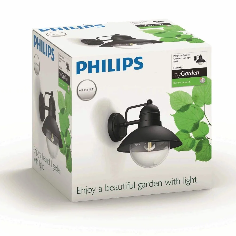 Philips Hoverfly Kinkiet Zewnętrzny, IP44, Odporny na Warunki Pogodowe, Trwały, Klasyczny Design, Aluminium, Czarny, Żarówka E27 Sprzedawana Osobno