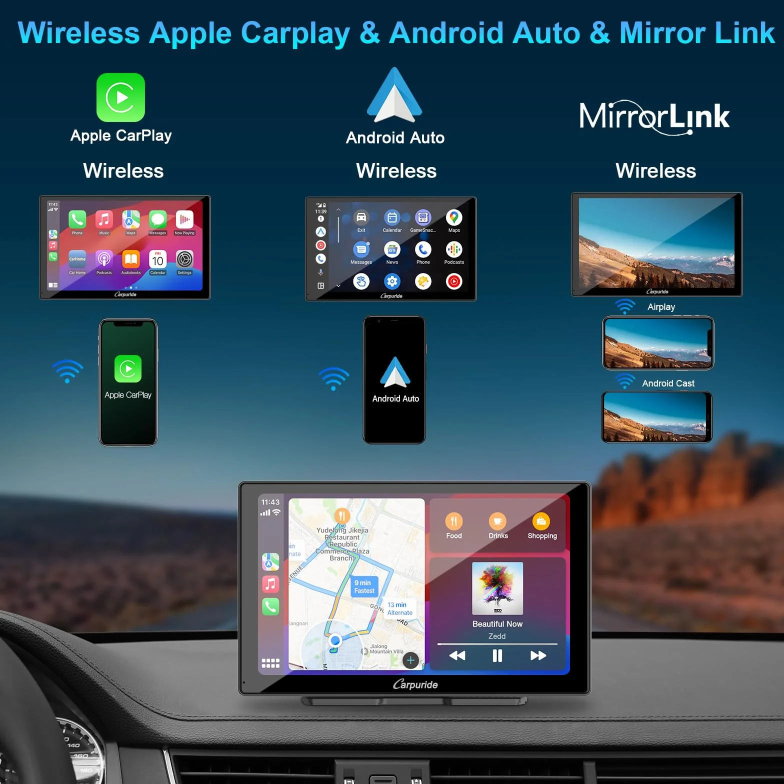 Carpuride W905 Bezprzewodowy odtwarzacz samochodowy Carplay i Android Auto z kamerą samochodową, przenośny 9-calowy ekran dotykowy HD, 4K przednia i tylna kamera, nagrywanie pętlowe, Bluetooth, Mirror
