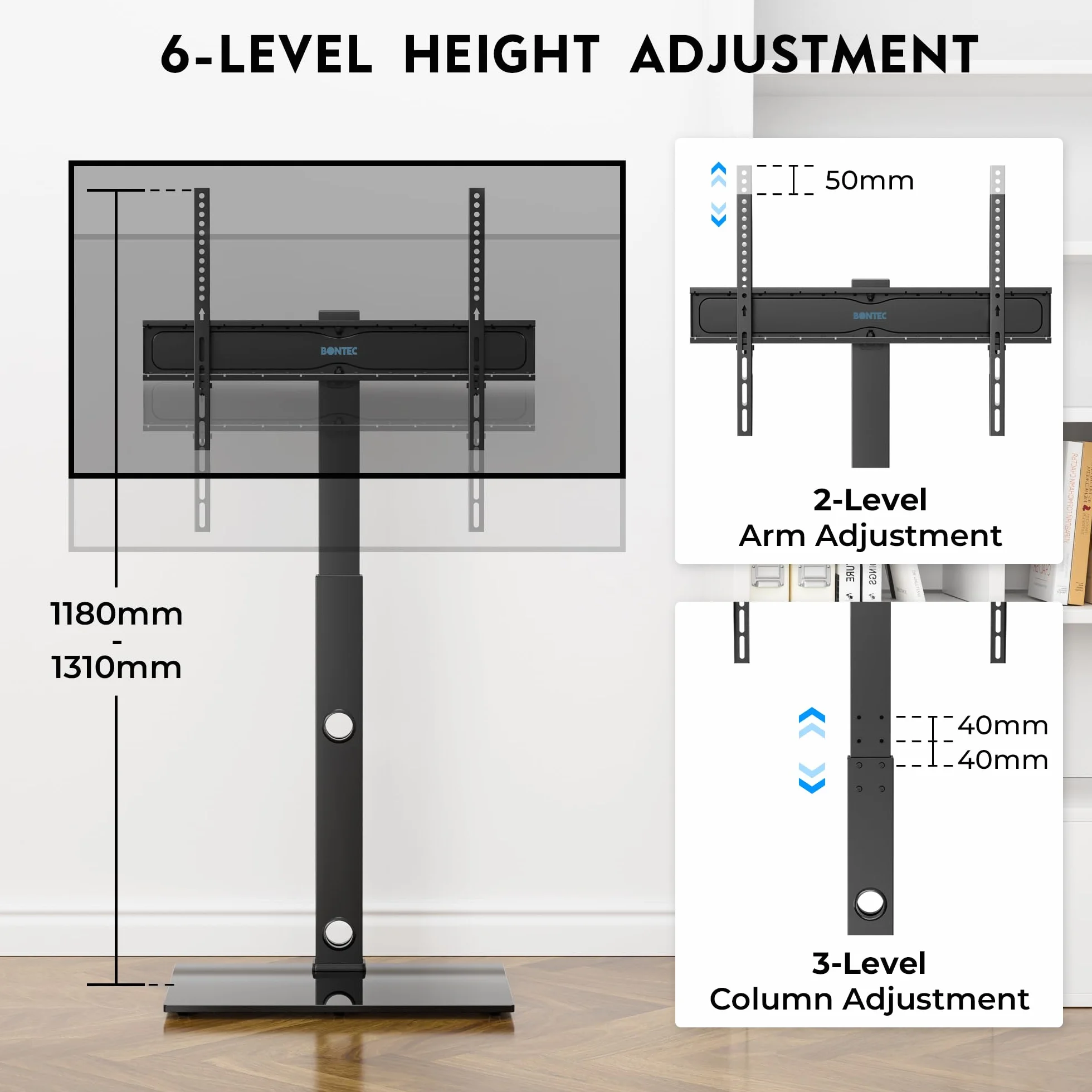 BONTEC Stojak Podłogowy TV 30-70 cali Obrót ±37° Regulacja Wysokości Max Udźwig 40 kg VESA 75x75-600x400 mm Szklana Podstawa
