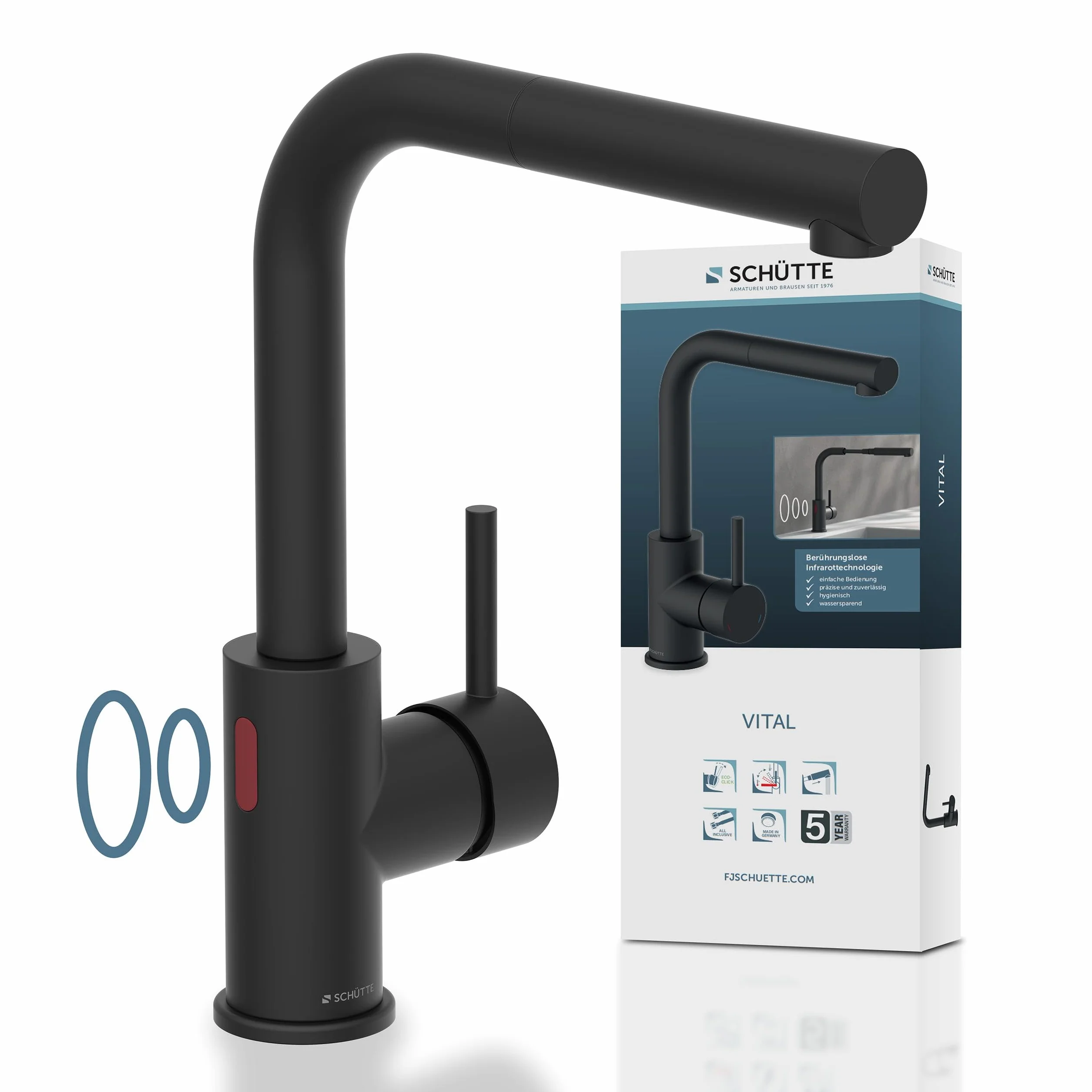 SCHÜTTE 99760 VITAL armatura zlewozmywakowa z czujnikiem, armatura kuchenna z wyciąganą słuchawką, automatyczny kran z czujnikiem, bateria mieszakowa, zlew, bezdotykowa armatura na podczerwień, czarna
