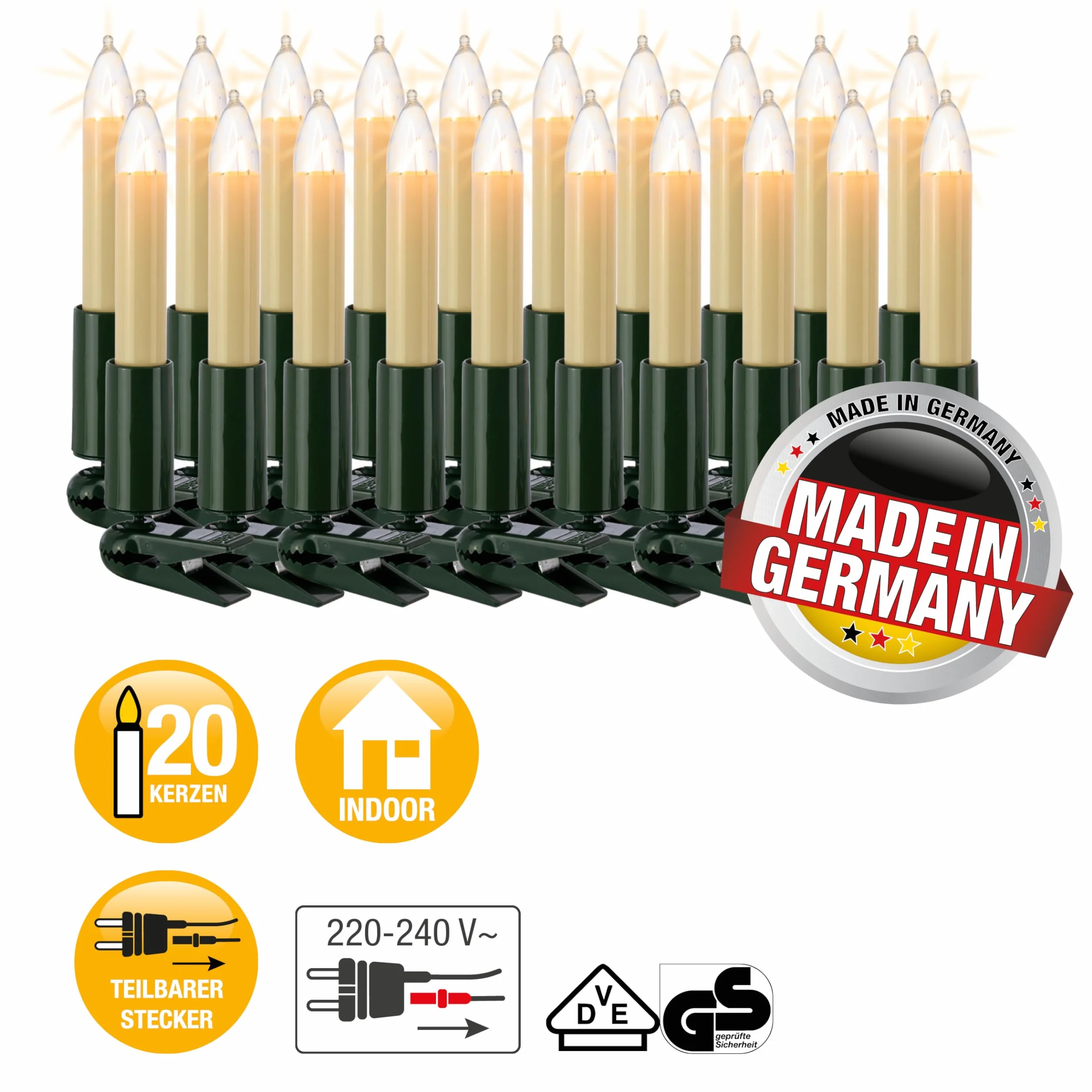 hellum 802009, 20-częściowy łańcuch do świec trzpieniowych, oświetlenie wewnętrzne, dzielona wtyczka, bardzo długi odstęp między oprawkami: 70 cm, trzon zielony, świeca kość słoniowa, przewód