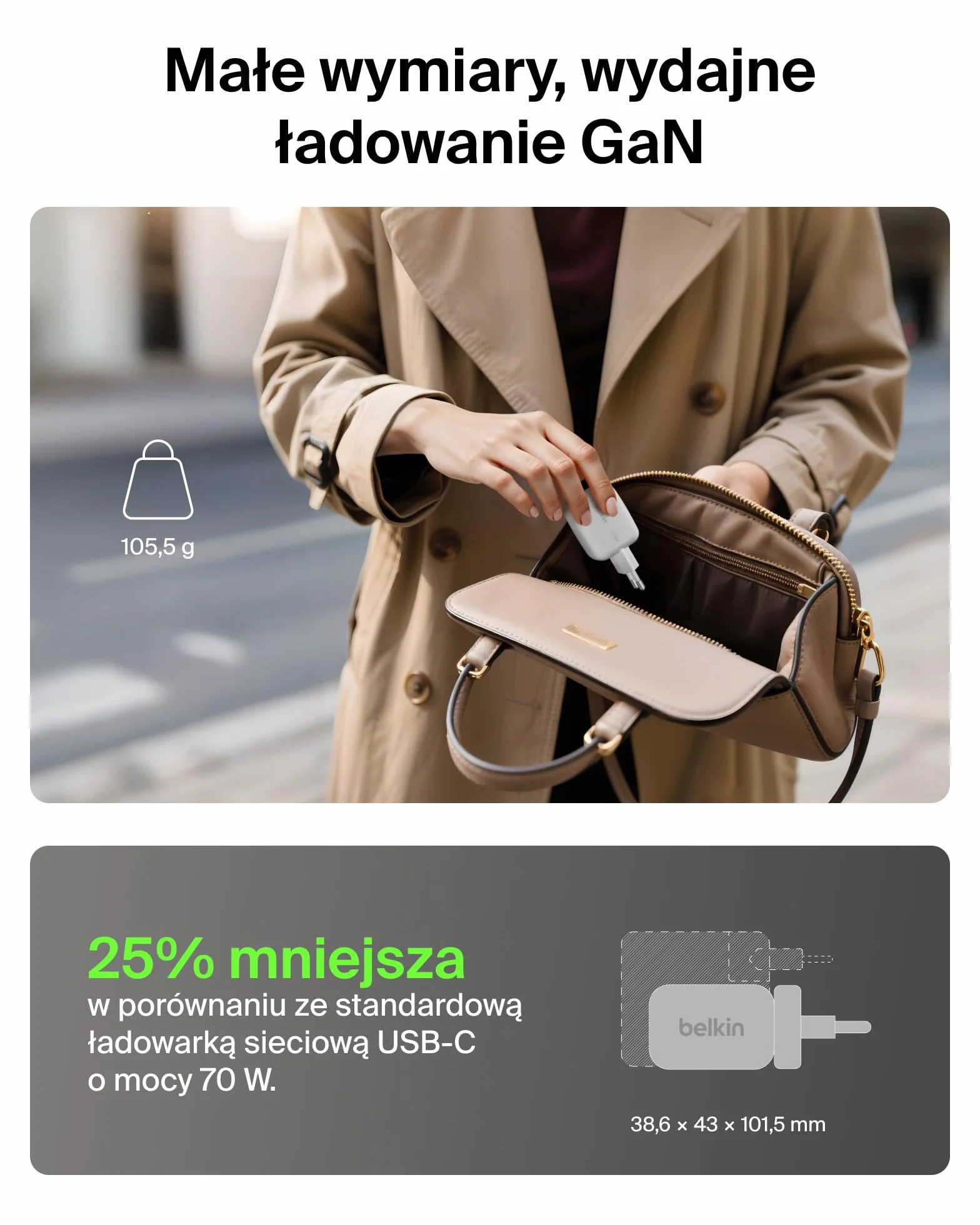 Belkin 3-portowa ładowarka USB-C GaN 70 W Biała