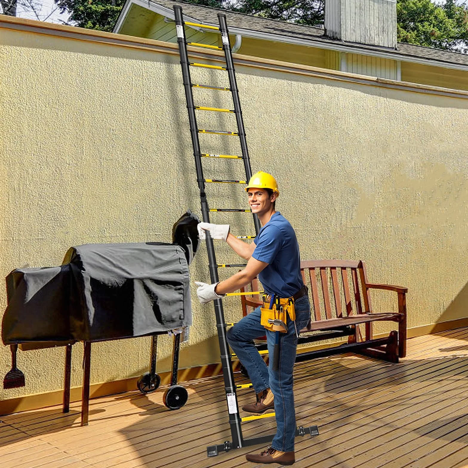 UISEBRT Drabina teleskopowa 3,8 m, składana, aluminiowa, wielofunkcyjna, antypoślizgowa, aluminiowa, wielofunkcyjna, składana, maks. obciążenie 150 kg, czarna (1,9 + 1,9 m)