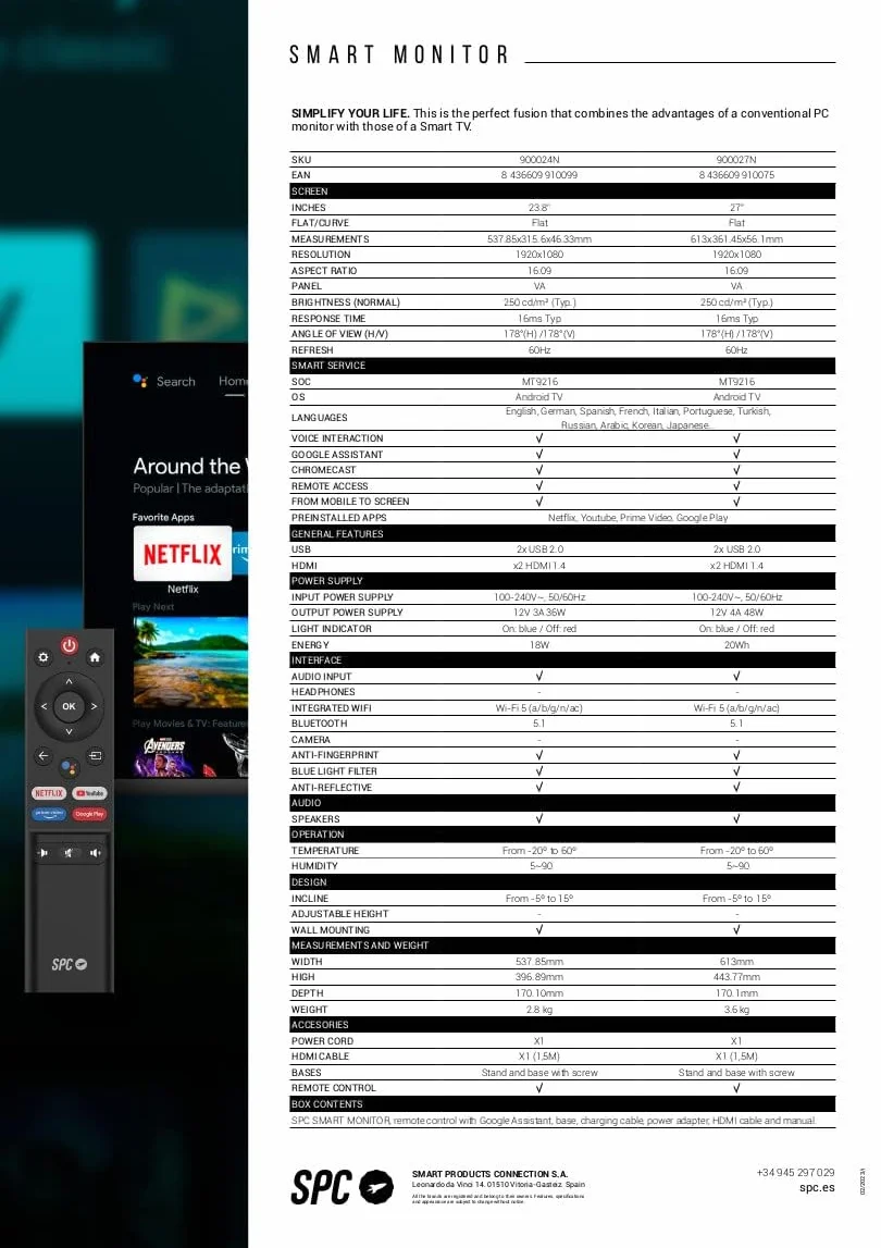 Monitor SPC 24" Full HD Android TV wbudowane głośniki pilot zdalnego sterowania