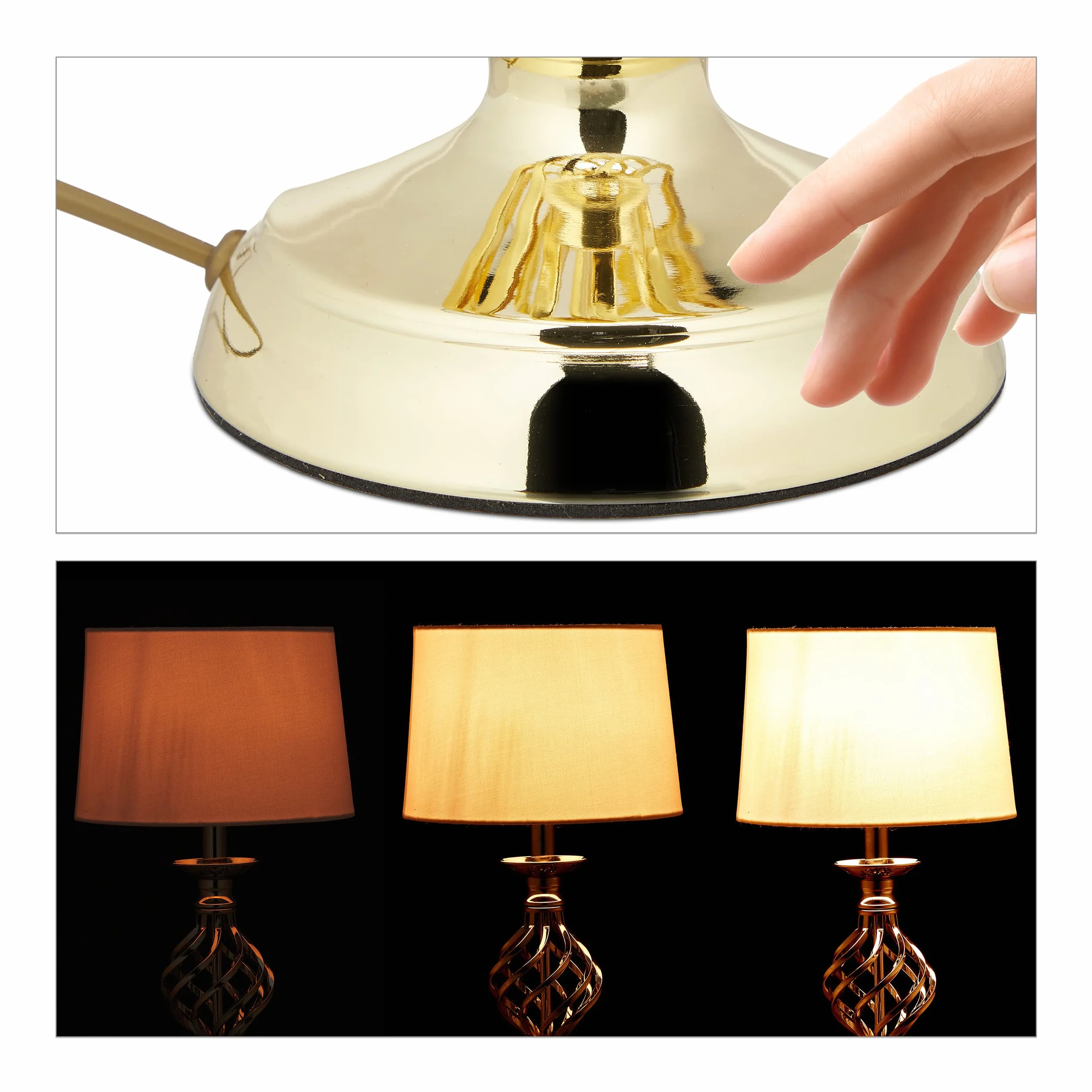 Relaxdays Lampa stołowa, nowoczesna, lampka nocna dotykowa, 3 stopnie ściemniania, E14 lampa stołowa szlachetna, wys. x śr. 43,5 x 25 cm, złoto/biała