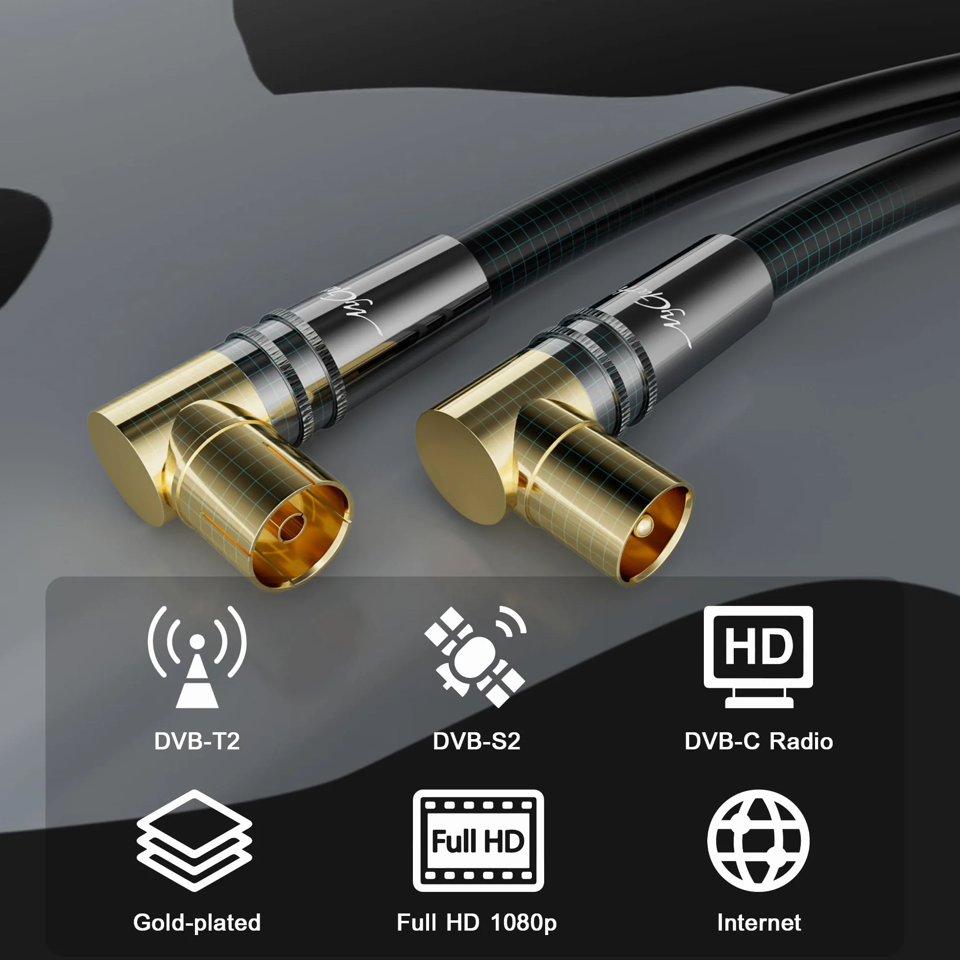 Kabel antenowy RG6 4K 1,5 m 90° kątowy satelitarny koncentryczny HD TV 75 omów pozłacane IEC metalowe złącza