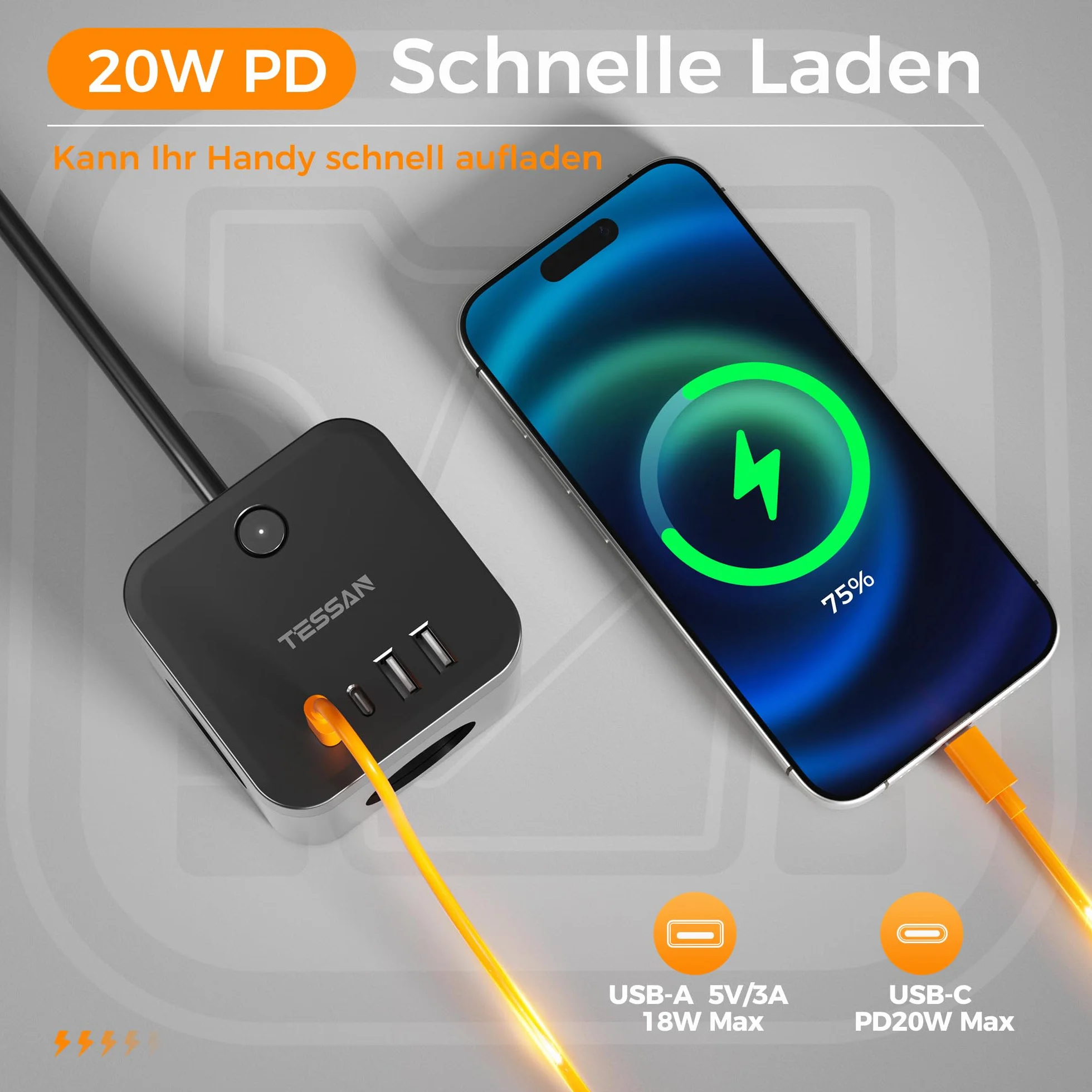 TESSAN Listwa zasilająca, płaska wtyczka PD, 20 W, szybkie ładowanie, 3 gniazda wtykowe z 2 gniazdami USB C i 2 USB A, kostka z przełącznikiem, przedłużacz 1,5 m, wtyczka wielokrotna, do biura, czarna
