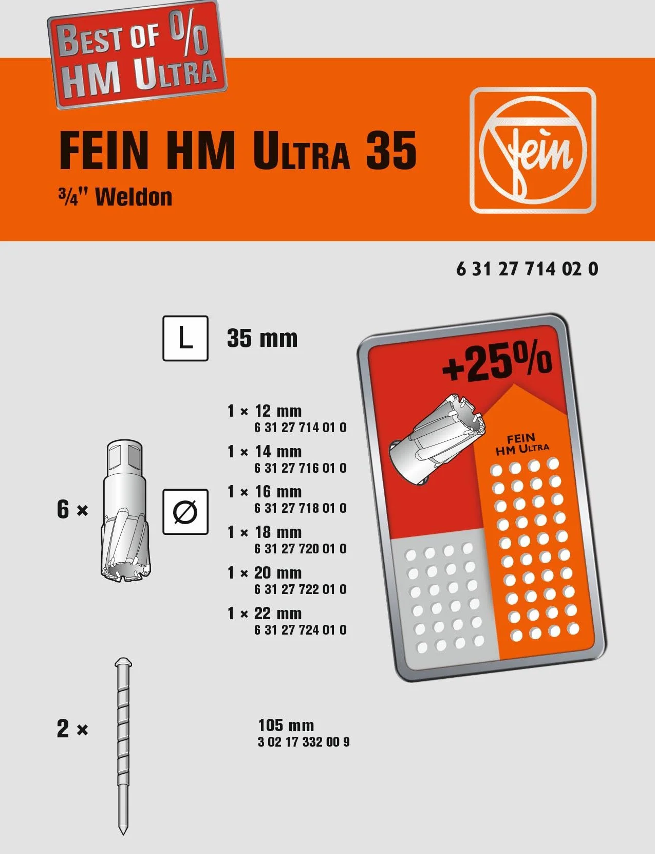 FEIN Zestaw akcesoriów Best of wiertło rdzeniowe 3/4 w Weldon HM – 6 wierteł rdzeniowych Ø 12, 14, 16, 18, 20 i 22 mm (głębokość cięcia 35 mm) oraz 2 trzpienie centrujące (100 mm) w walizce z tworzywa