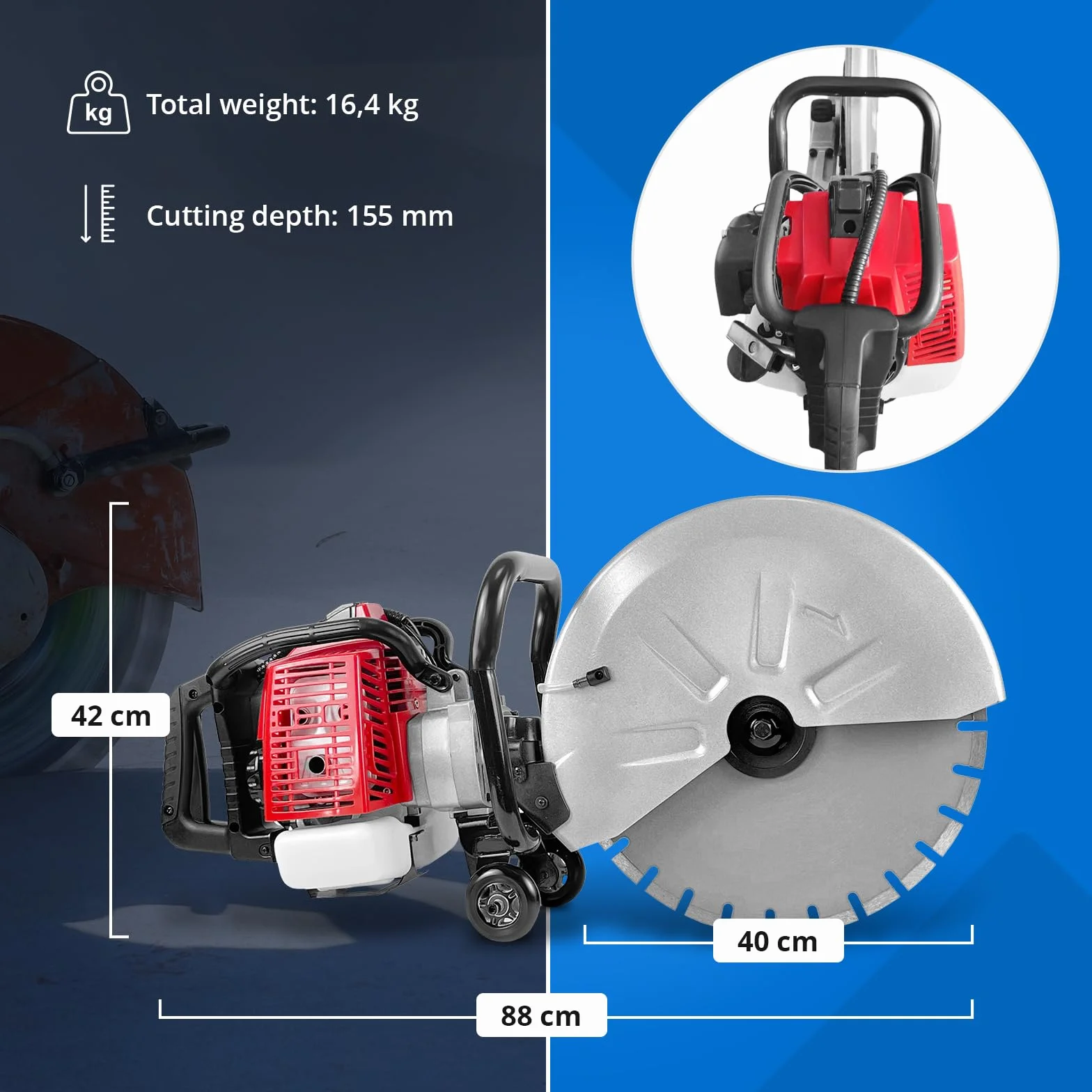 MSW spalinowa piła do betonu 65 ccm 3 kW 6500 obr./min, tarcze tnące do Ø 400 mm do głębokości cięcia 155 mm, zbiornik 1,6 l, lekka obudowa aluminiowa, maszyna do cięcia betonu
