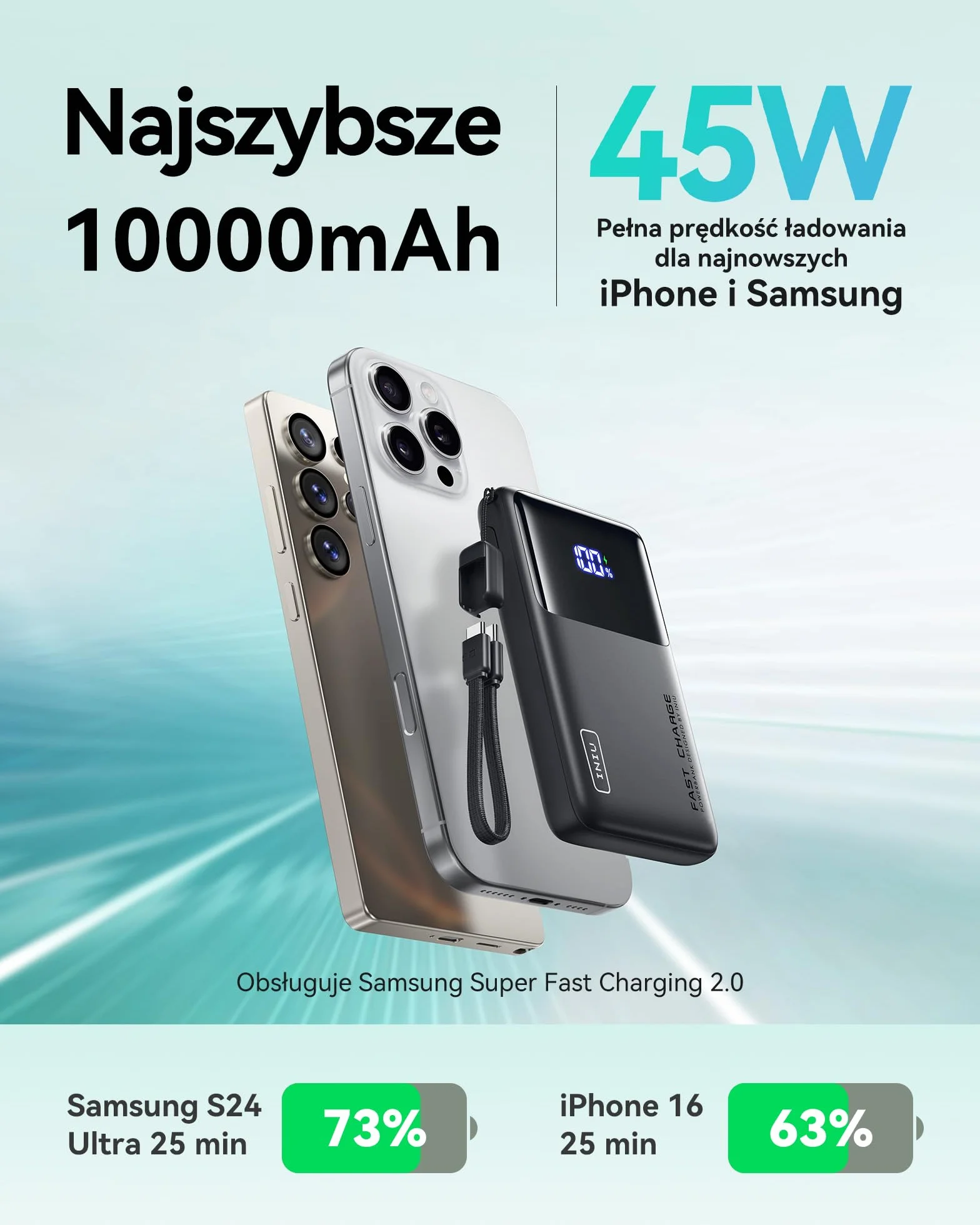 INIU 45W Power Bank, Supercienki 10000mAh Przenośna Ładowarka z Kablem USB-C, Szybkie Ładowanie USB C PD3.0 QC4.0 do iPhone 17 16 15 14 13 Pro Max iPad Air Samsung Galaxy S24 S23 Note 20 etc