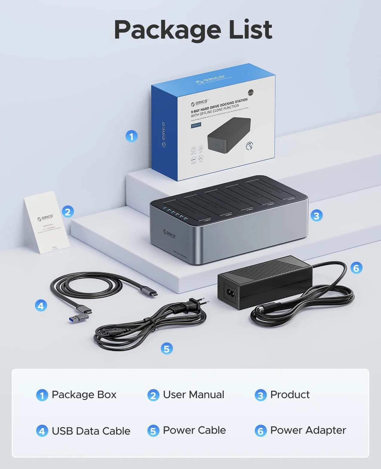 ORICO Clone HDD Aluminiowa stacja dokująca USB 3.2 Gen 1 do SATA 2,5/3,5" SSD/HDD do 20 TB, klonowanie offline