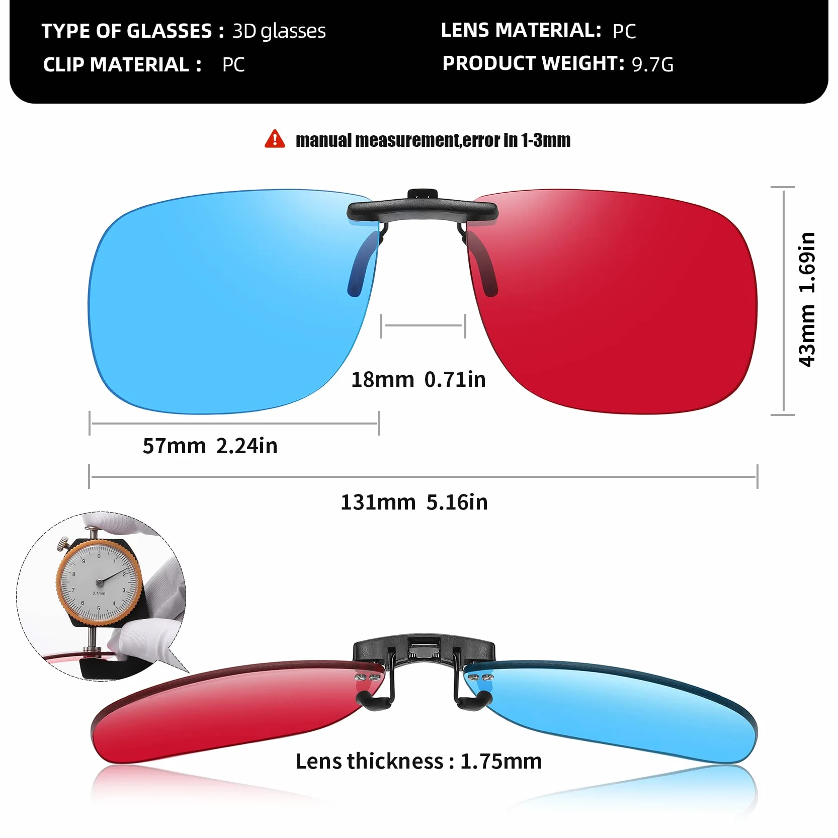 Czerwone niebieskie okulary 3D z klipsem, gra filmowa, anaglif, czerwono-cyjan, okulary 3D