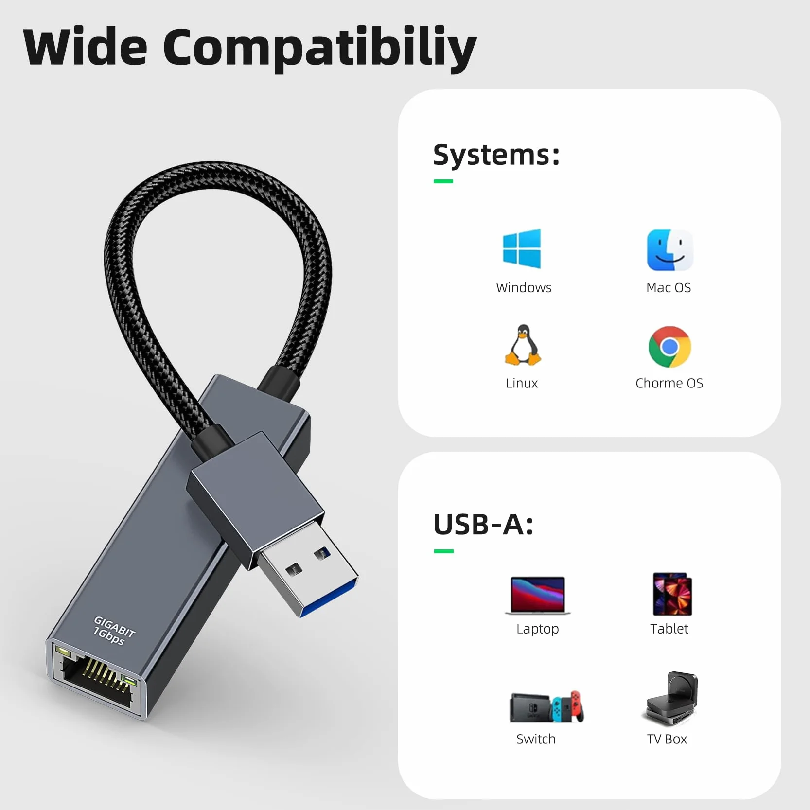 Adapter USB na Ethernet USB 3.0 LAN 1000 Mbps RJ45 Aluminium Nylon