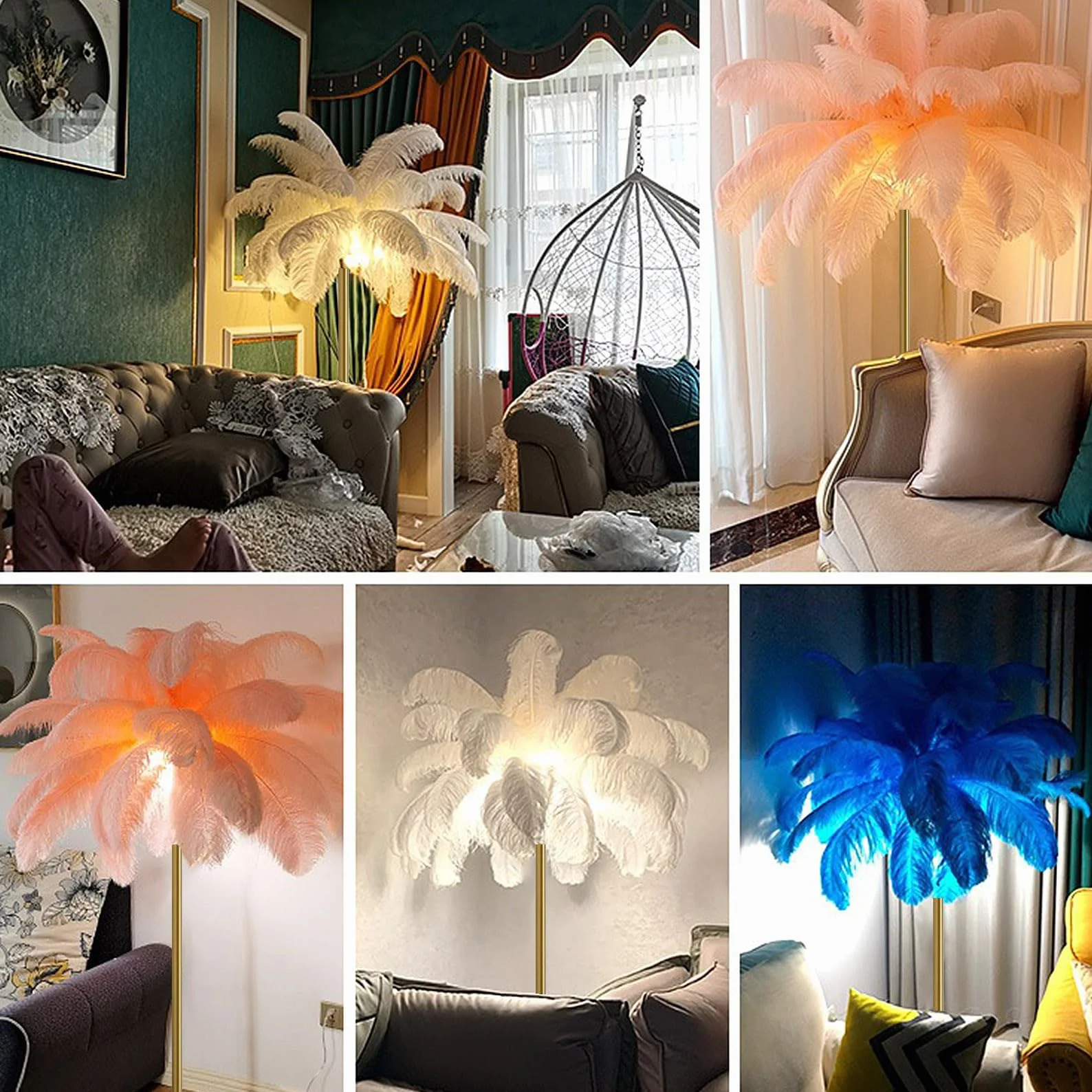 Lampa podłogowa z piór, lampa stojąca z naturalnych strusich piór, prosta lampa dekoracyjna do sypialni i salonu, ze złotym korpusem, 3 kolorami ściemniania i żarówką LED G4
