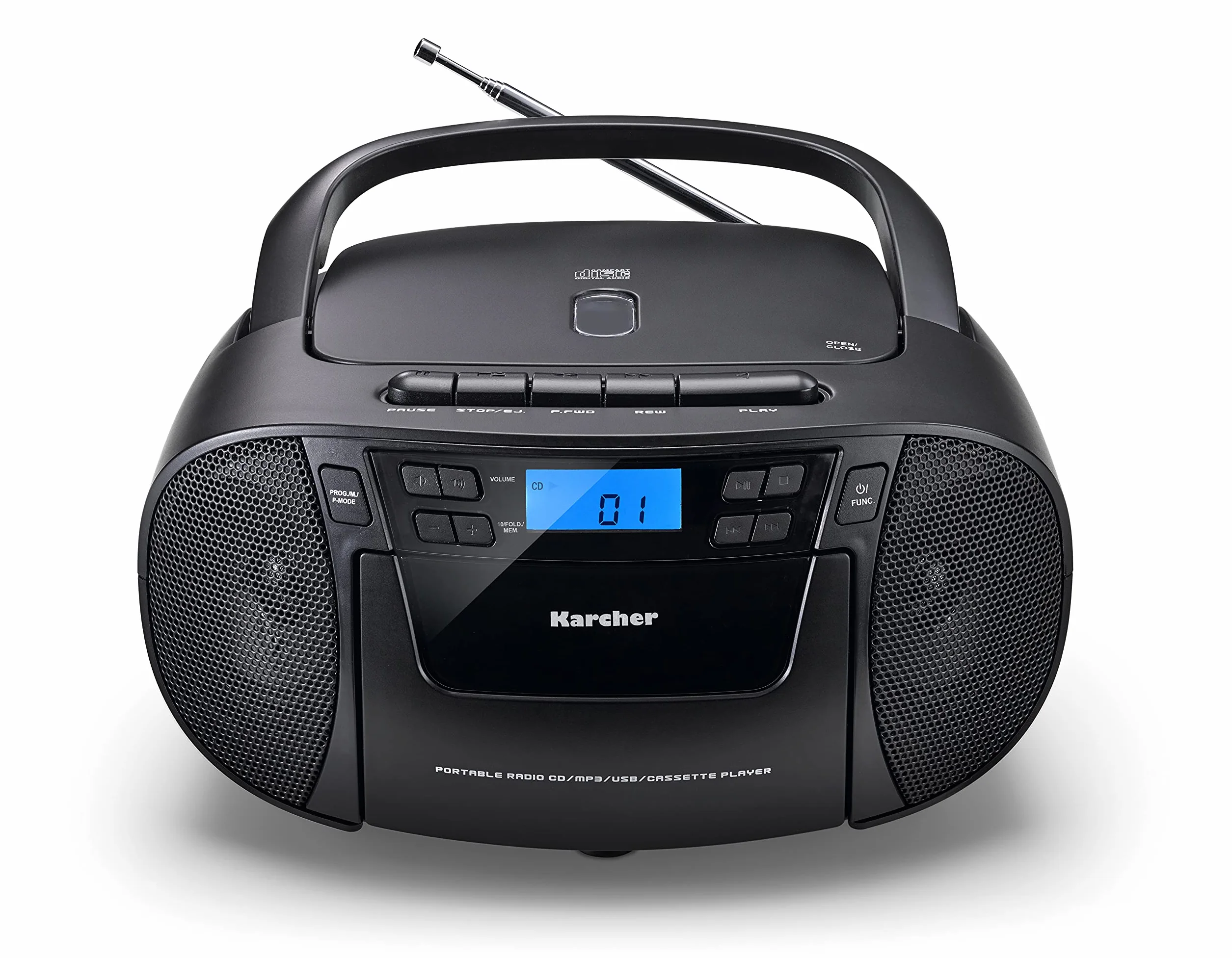 Karcher RR 5045 Przenośne radio CD (Boombox z odtwarzaczem CD, kasetą, radiem FM, obsługą sieciową, USB i aux-in) Czarny