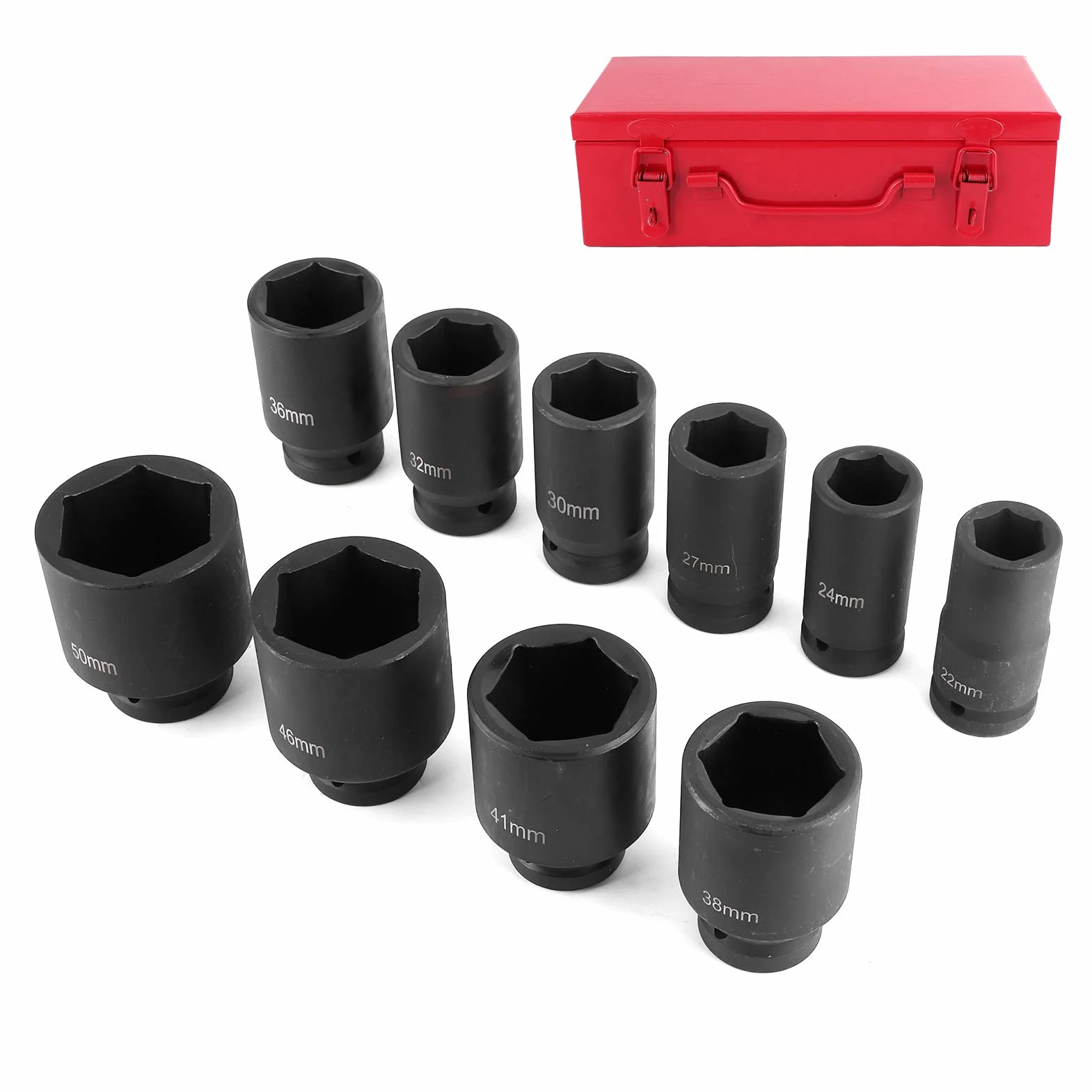 Walmeck 10 Sztuk Metrycznych Głębokich Nasadek Udarowych, Napęd 3/4 Cala 6-punktowy Zestaw Narzędzi Samochodowych Cr Mo Steel 22 24 27 30 32 36 38 41 46 50mm, ze Schowkiem, do Uży