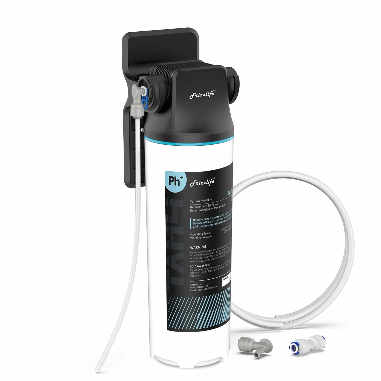 Frizzlife TAM4 Inline filtr wody pod zlewem - alkaliczna remineralizacja PH+, certyfikat NSF/ANSI 42, regulacja smaku i PH, przywracanie niezbędnych minerałów, rura 1/10.2 cm pasuje do systemów
