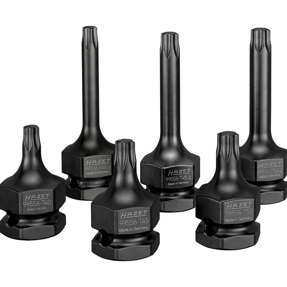 HAZET 1/2 cala zestaw wkrętaków udarowych i maszynowych 995S6/6, wewnętrzny TORX T40, T45, T50, 24 mm zewnętrzny sześciokątny, do samochodów ciężarowych/osobowych, do podwozia i układów hamulcowych