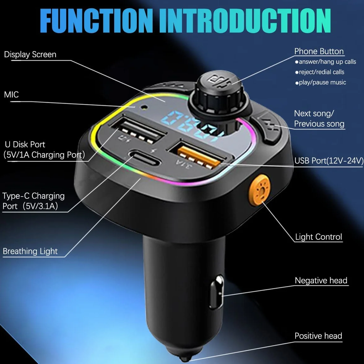 Adapter samochodowy Bluetooth 5.0 FM z QC3.0 Type-C 5V/3.1A