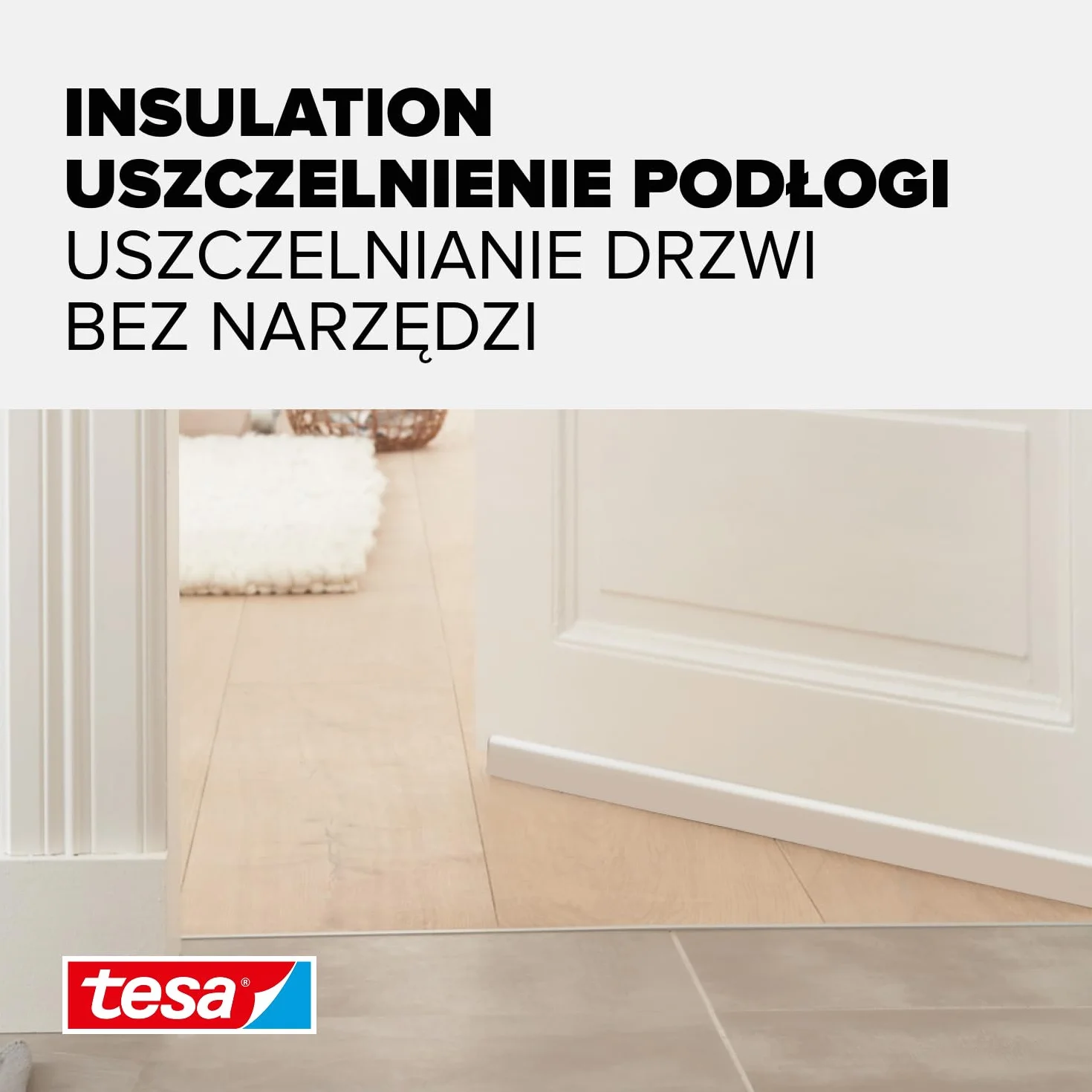 tesa INSULATION uszczelka do drzwi - samoprzylepna piankowa uszczelka dolna do drzwi - uszczelka do drzwi pokojowych chroniąca przed zimnem, przeciągami, kurzem i wilgocią - biała - 1 m x 38 mm