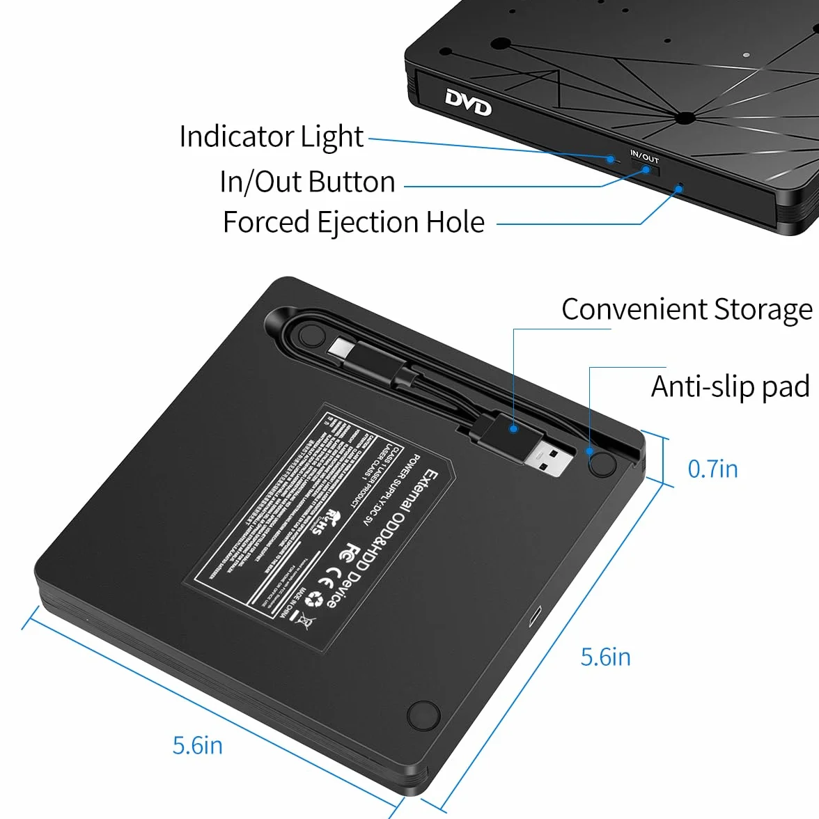 LMEN Zewnętrzny Napęd CD DVD USB3.0, Przenośny Czytnik Dysków CD DVD +/- R/RW z USB 3.0 i Type-C, Reader DVD Drive Slim Odtwarzacz CD USB do Laptopa/PC/Windows 11/10/8/7/Vista/XP/Mac OS/Linux, Czarna