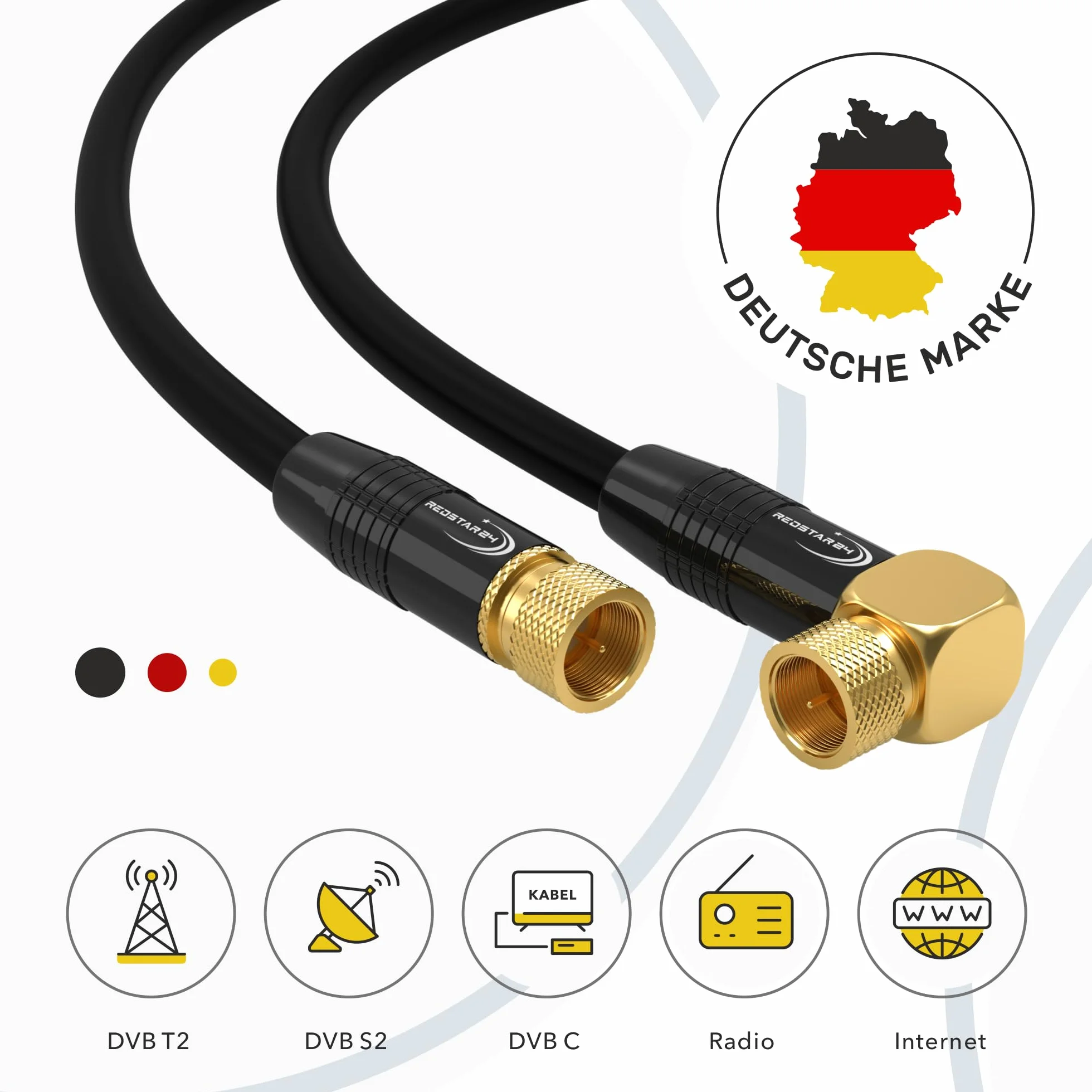 RedStar24 Kabel antenowy SAT koncentryczny 135dB 2x F 1x 90° pozłacany Ultra HD 4K 3D UHD