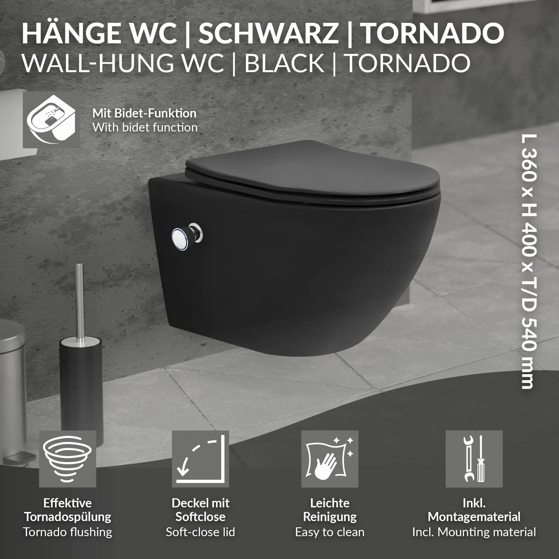 LuxeBath wiszaca muszla klozetowa bez rantu z funkcja bidetu czarna, gleboko splukiwana ceramiczna klozetowa, dluga 54 cm, natryskowa muszla klozetowa z nanopowloka, miekko zamykana deska klozetowa