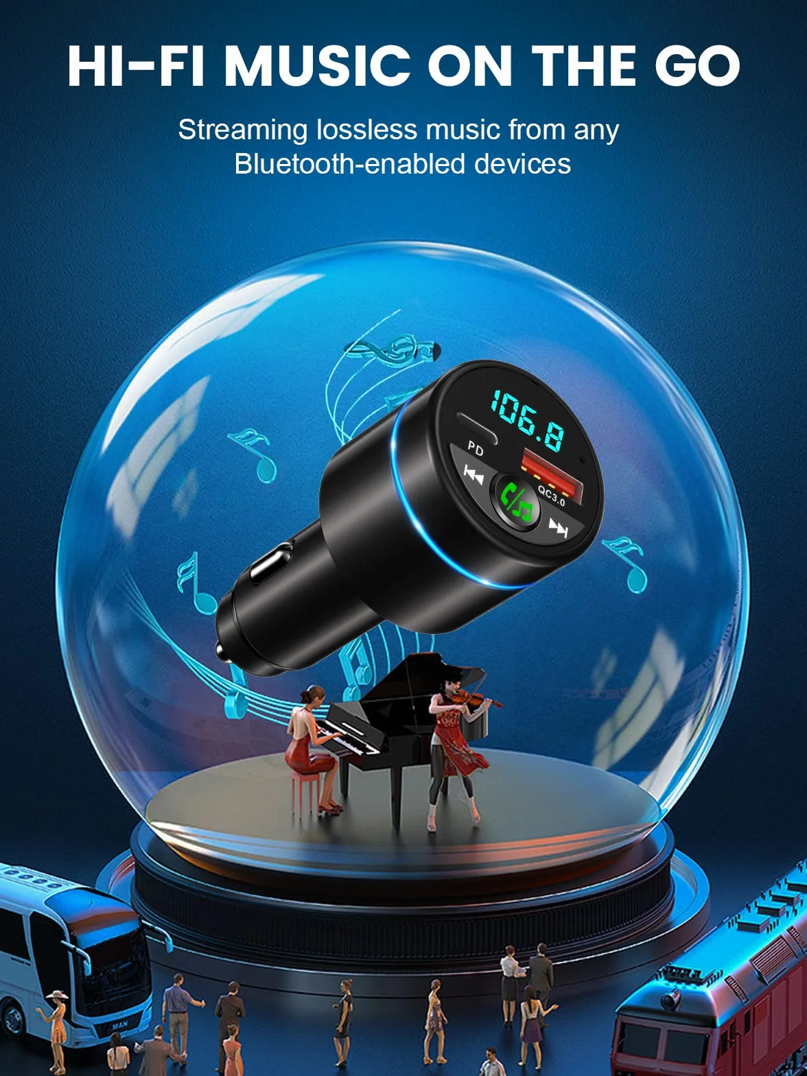 Mohard Nadajnik FM Bluetooth 5.3, całkowicie metalowy samochód Bluetooth, szybka ładowarka samochodowa PD 30 W typ C+ QC3.0, z redukcją szumów podczas rozmów w trybie głośnomówiącym, muzyka Hi-FI,