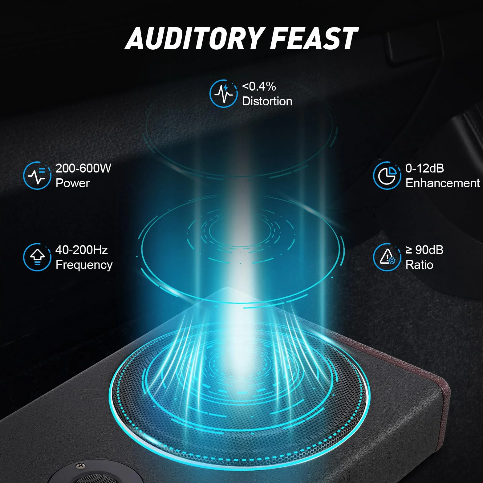 Subwoofer 8", 600 W, aktywny powered subwoofer pod siedzeniem, 12 V, wbudowany wzmacniacz do samochodów ciężarowych, kamperów, czarny