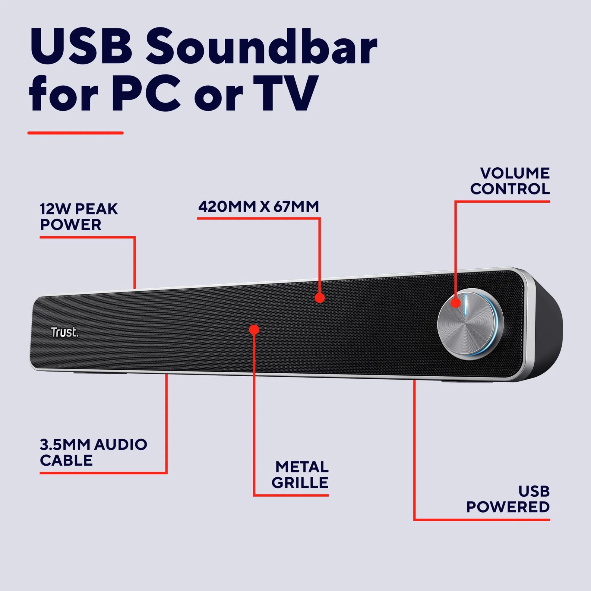 Trust Arys 22946 Soundbar Komputerowy, 12 W, Czarny