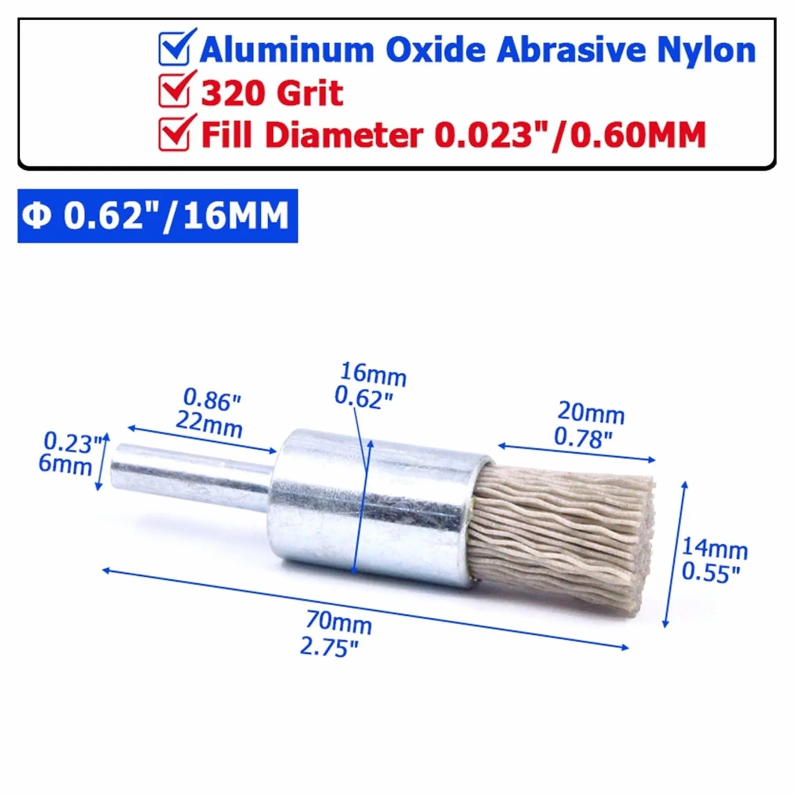 Nasadki szczotkowe do wiertarek, Zestaw szczotek końcowych metalowego koła garnkowego Wiertło Tlenek glinu Nylon ścierny 4-28 mm, ziarno 240-500(0.62in(16mm) 320Grit)