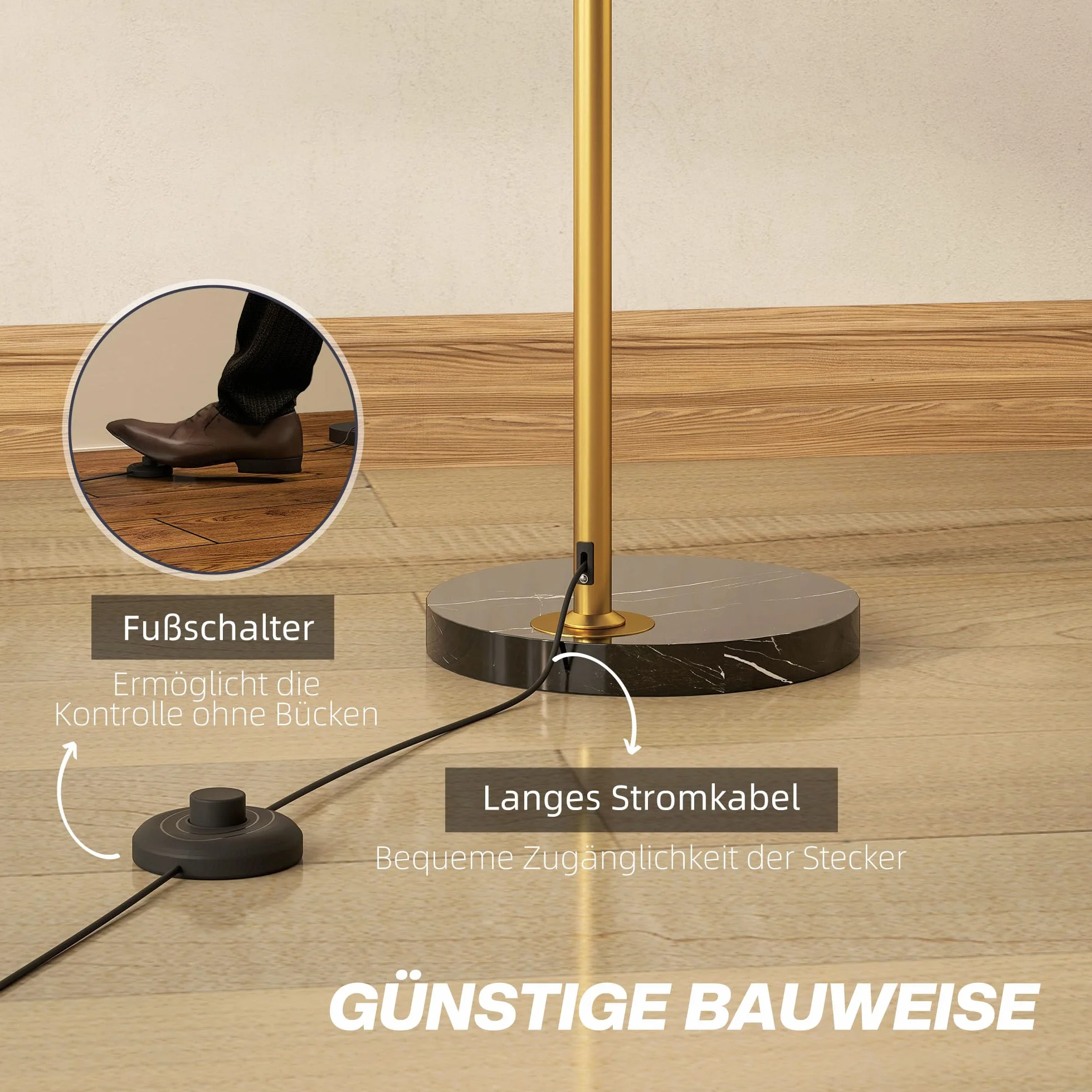 HOMCOM Lampa podłogowa do salonu o łukowatym kształcie i marmurowej podstawie, z regulowanym kloszem, włącznikiem nożnym i gniazdem E27, odpowiednia do sypialni i biur, żarówka nie jest dołączona