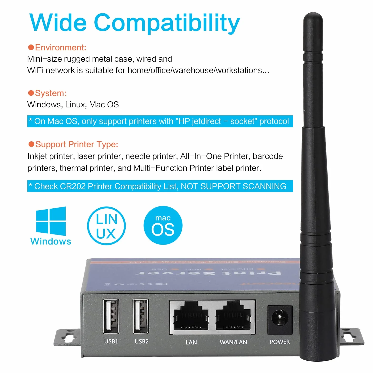 2-portowy bezprzewodowy serwer druku USB Wi-Fi Ethernet do drukarki Windows Mac Linux