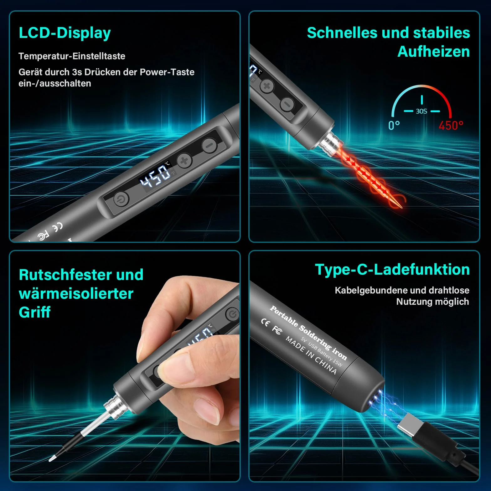 Zestaw lutownicy z podstawką, przenośna bezprzewodowa lutownica z LCD, regulowana temperatura 180-450°C, 3 końcówki lutownicze, do naprawy płytek drukowanych, naprawy spawania, szara