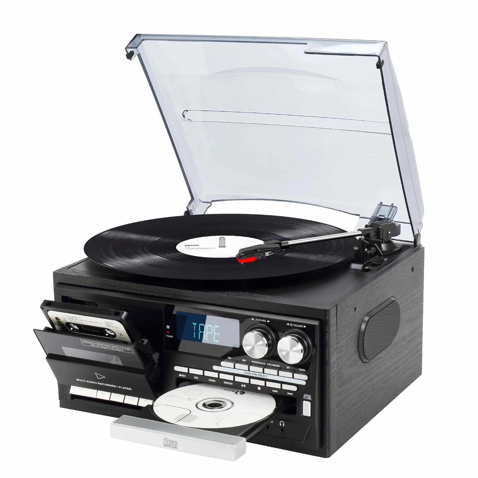 Gramofon z Bluetooth 3-biegowy odtwarzacz winyli CD kaset radio AM/FM USB SD MMC czarny