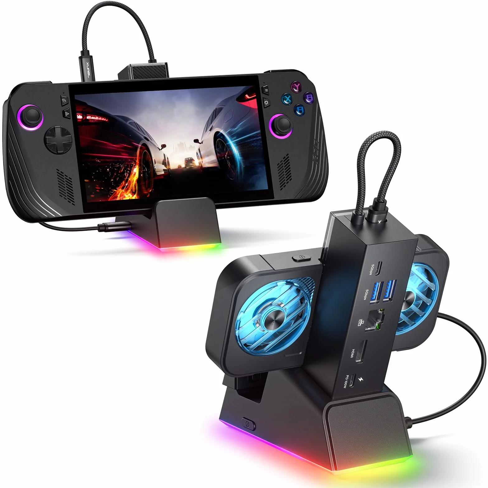 JSAUX Stacja dokująca 7 w 1 do ROG Ally X/ROG Ally/Steam Deck/Legion Go z wentylatorem chłodzącym RGB, HDMI 4K@120Hz, Gigabit Ethernet, Dual USB i USB C 3.0, ładowanie