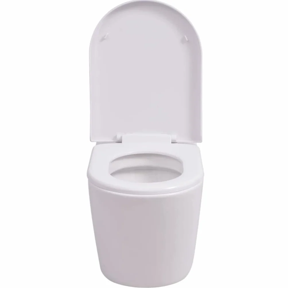 Biała ceramiczna toaleta ścienna z miękkim zamknięciem, ponadczasowy design do łazienki, łatwa do czyszczenia wisząca toaleta, z siedziskiem i pokrywą