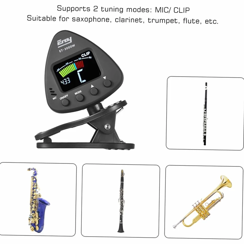 Tuner do instrumentów dętych, ET 3000W Tuner do instrumentów dętych z mikrofonem i trybami strojenia z klipsem dla saksofonu, klarnetu, trąbki, fletu