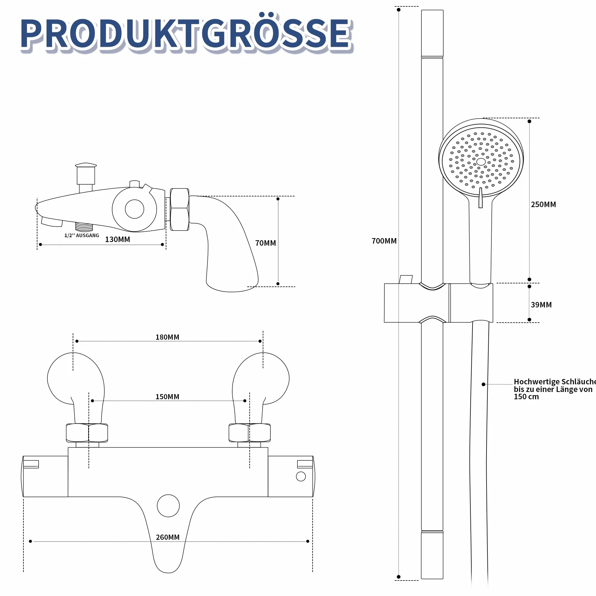 MORADO Bateria mieszakowa do wanny i prysznica z termostatem, bateria mieszakowa, montaż ścienny z zestawem prysznicowym 700 mm, słuchawka prysznicowa, wąż 1,5 m